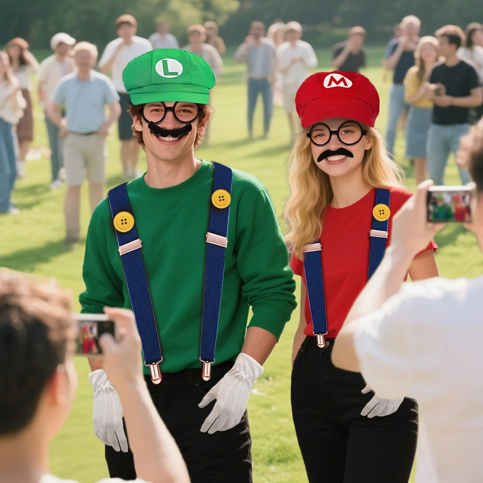 QRT Super Bros Costume Kit with Hat, Mustaches, Suspenders, Gloves Buttons ang Glasses frame for Halloween, Cosplay and Christmas (red&green) - Image 3