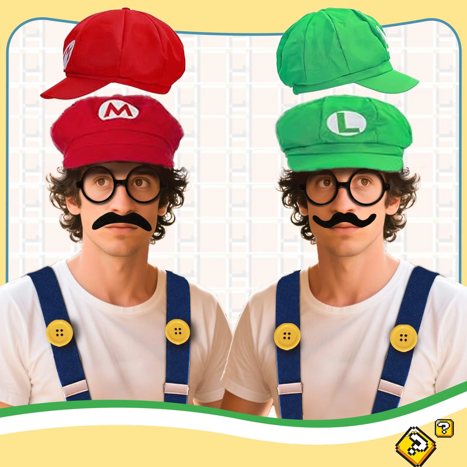 QRT Super Bros Costume Kit with Hat, Mustaches, Suspenders, Gloves Buttons ang Glasses frame for Halloween, Cosplay and Christmas (red&green) - Image 4