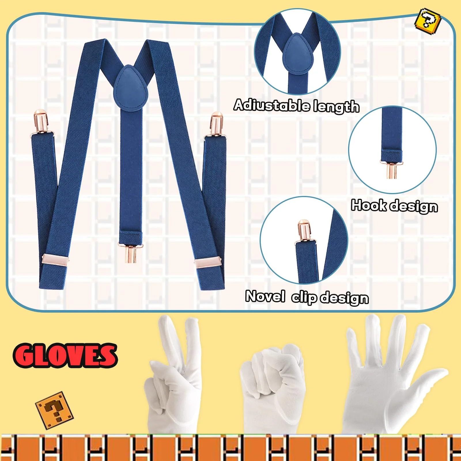 QRT Super Bros Costume Kit with Hat, Mustaches, Suspenders, Gloves Buttons ang Glasses frame for Halloween, Cosplay and Christmas (red&green) - Image 7