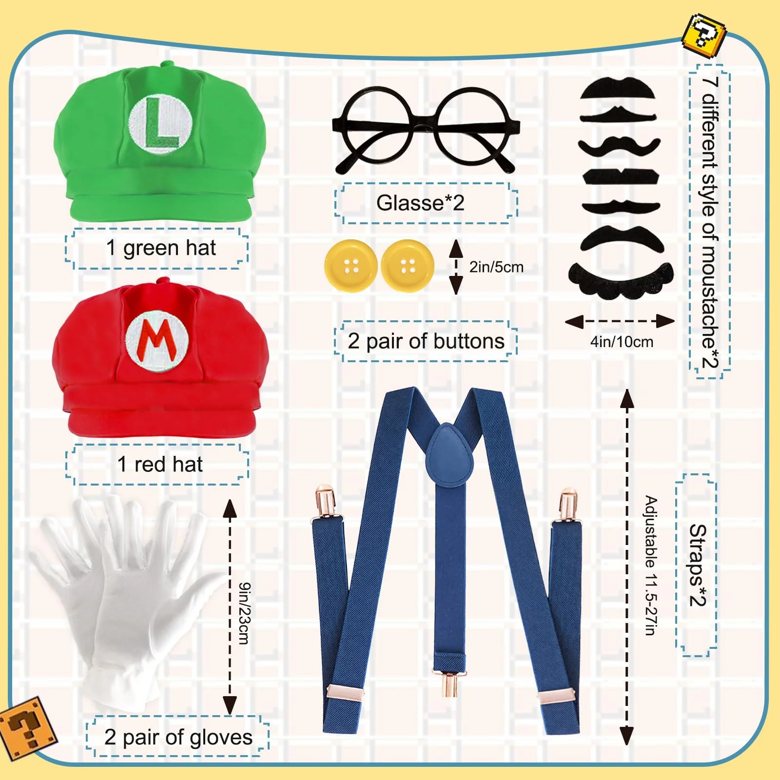 QRT Super Bros Costume Kit with Hat, Mustaches, Suspenders, Gloves Buttons ang Glasses frame for Halloween, Cosplay and Christmas (red&green) - Image 8