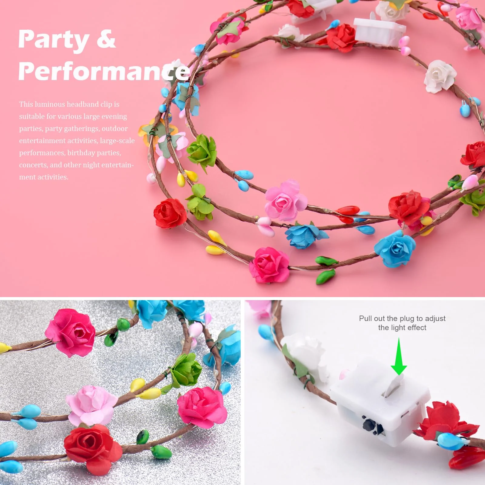 QSJQllo 50 Pcs LED Flower Crowns Headbands,Flower Crowns For Women,Mardi Gras Light Up Headbands Tiara Flower Crown Accessories for Wedding Beach Party Birthday Cosplay Halloween Christmas Day - Image 4