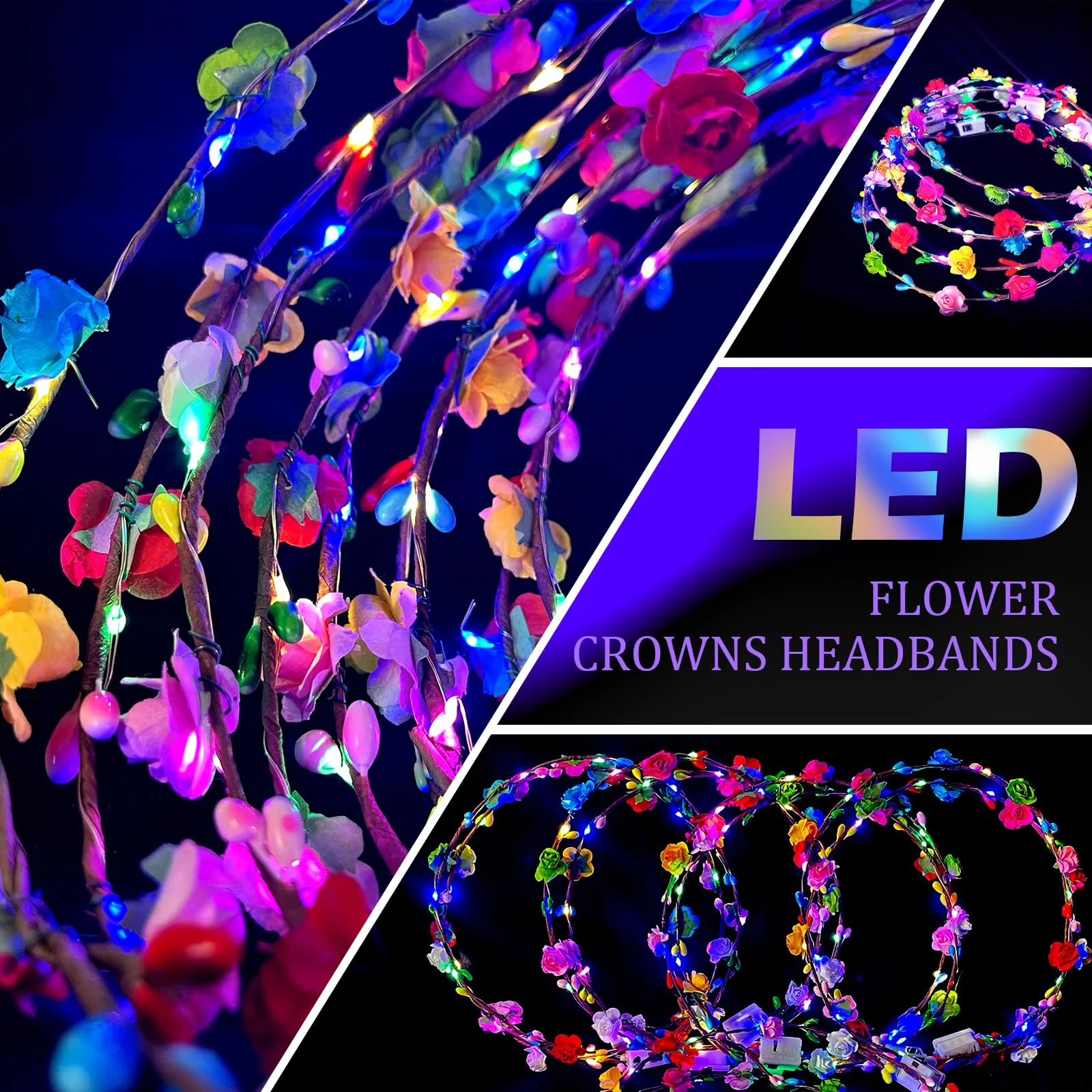 QSJQllo 50 Pcs LED Flower Crowns Headbands,Flower Crowns For Women,Mardi Gras Light Up Headbands Tiara Flower Crown Accessories for Wedding Beach Party Birthday Cosplay Halloween Christmas Day - Image 5