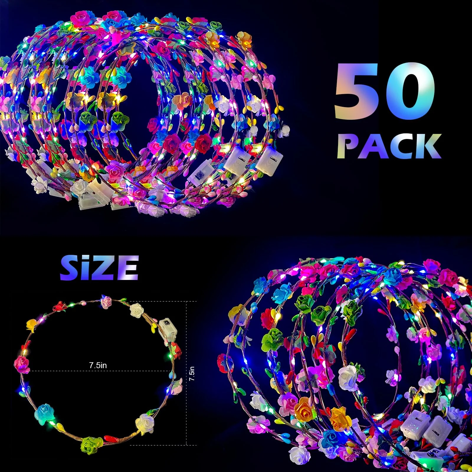 QSJQllo 50 Pcs LED Flower Crowns Headbands,Flower Crowns For Women,Mardi Gras Light Up Headbands Tiara Flower Crown Accessories for Wedding Beach Party Birthday Cosplay Halloween Christmas Day - Image 6