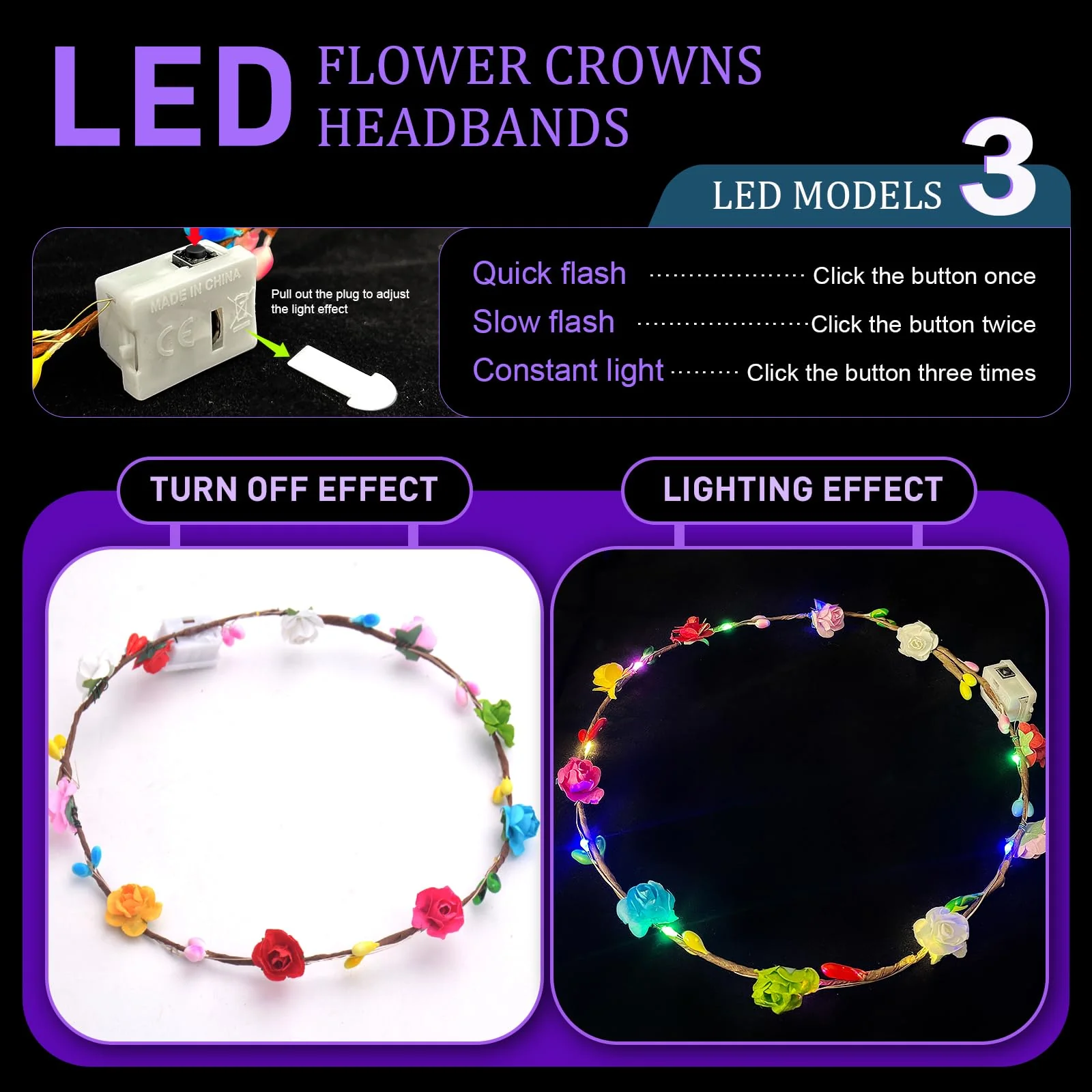 QSJQllo 50 Pcs LED Flower Crowns Headbands,Flower Crowns For Women,Mardi Gras Light Up Headbands Tiara Flower Crown Accessories for Wedding Beach Party Birthday Cosplay Halloween Christmas Day - Image 7