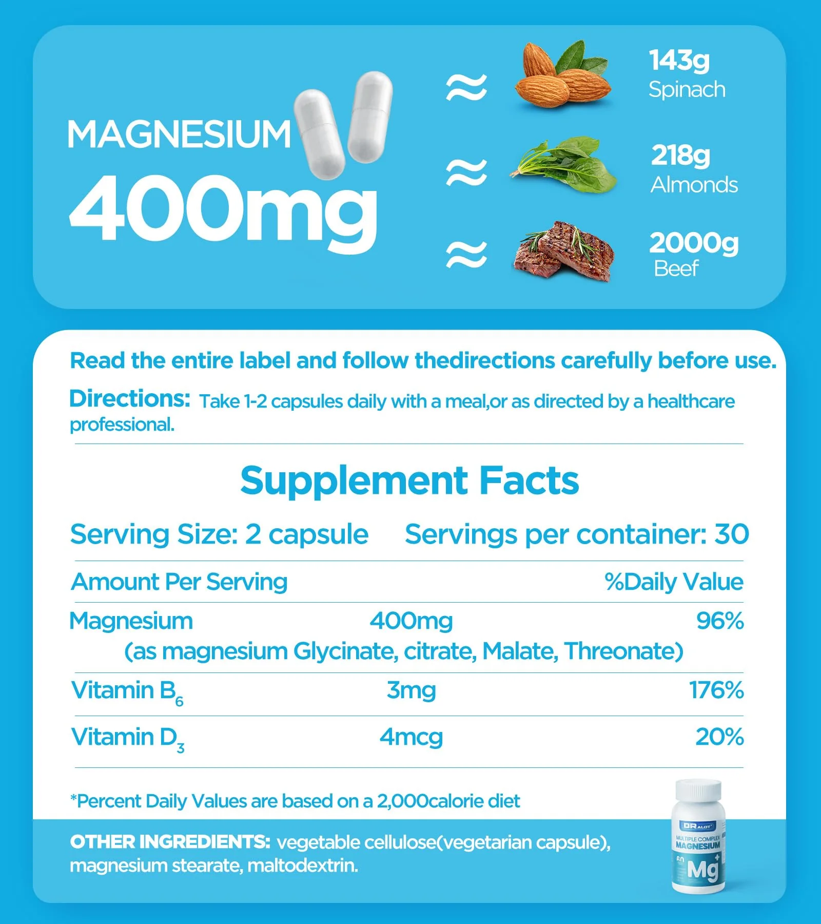 Quadruple Magnesium Supplement, 400mg of Chelate Magnesium Glycinate, L-threonate, Citrate & Malate | Max Absorption Complex w/Vitamin D3 & B6, for Sleep Heart Muscles Nerves, Non-GMO, 60 Vegan Caps - Image 3