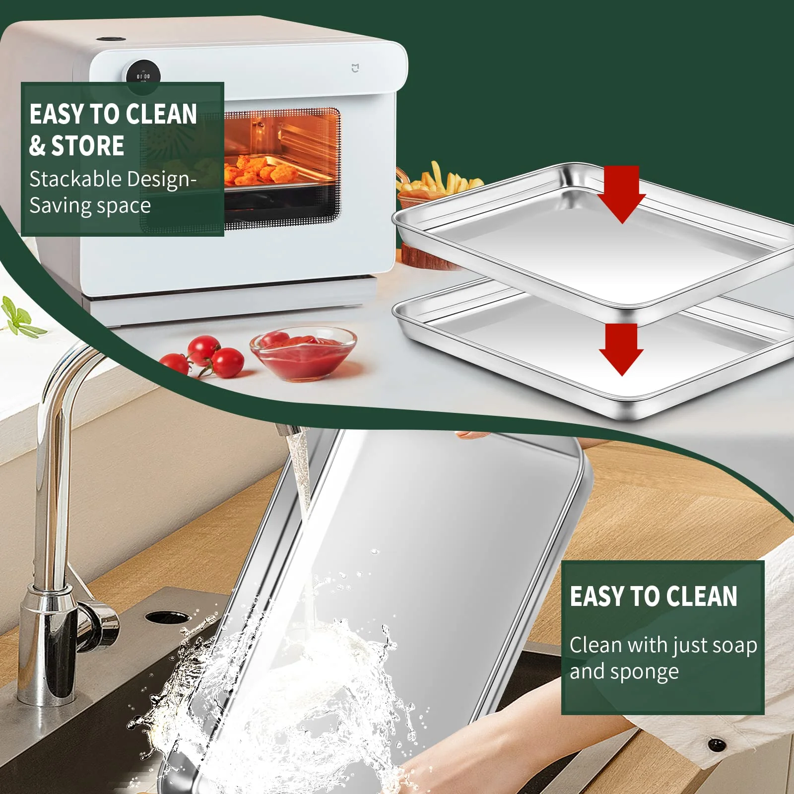 Quarter Sheet Pan with Cooling Rack Set [2 Baking Sheets + 2 Baking Racks], CEKEE Stainless Steel Cookie Sheets for Baking and Wire Rack - Rust & Warp Resistant & Nonstick, Size 12 x 9.8 x 1 Inch - Image 3