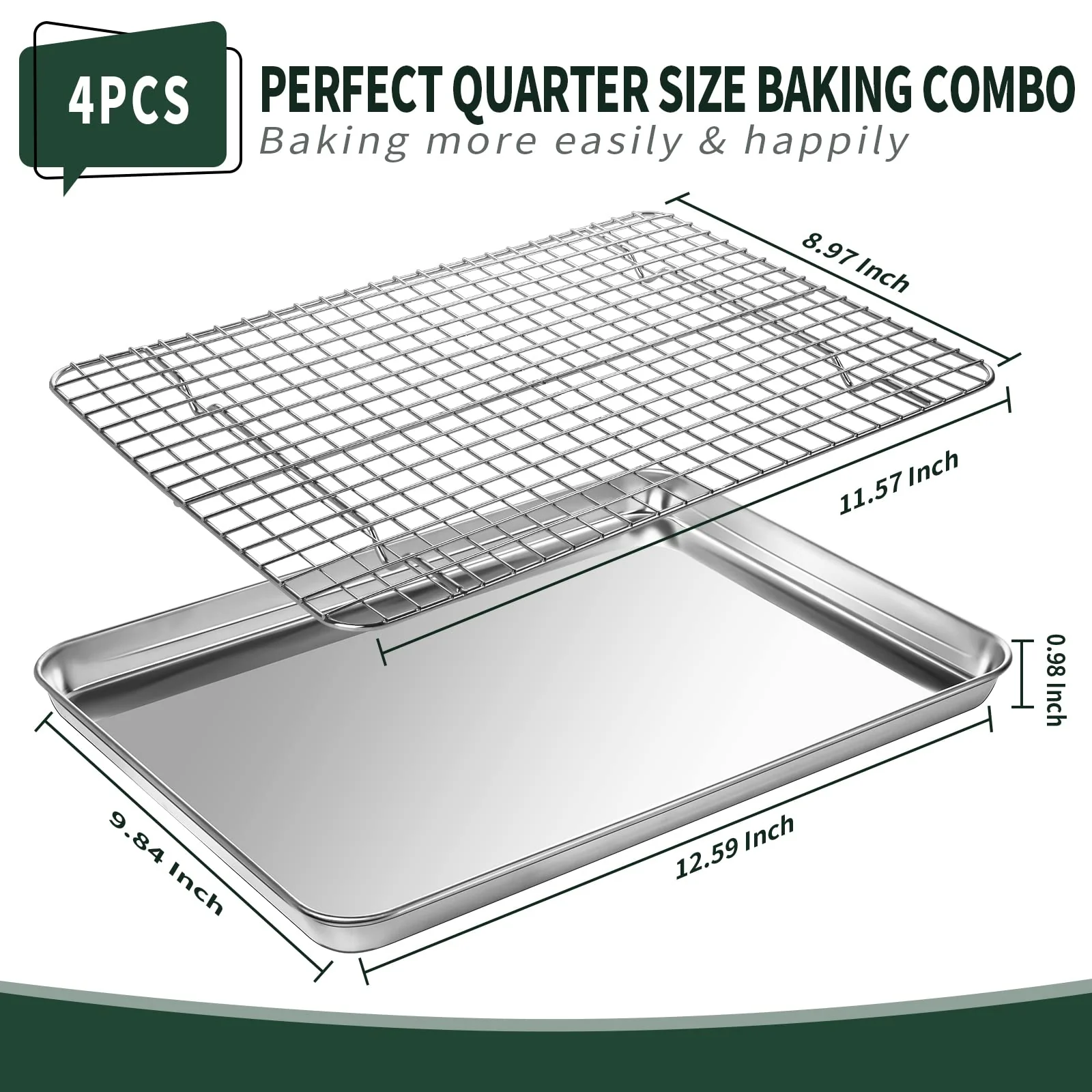 Quarter Sheet Pan with Cooling Rack Set [2 Baking Sheets + 2 Baking Racks], CEKEE Stainless Steel Cookie Sheets for Baking and Wire Rack - Rust & Warp Resistant & Nonstick, Size 12 x 9.8 x 1 Inch - Image 7