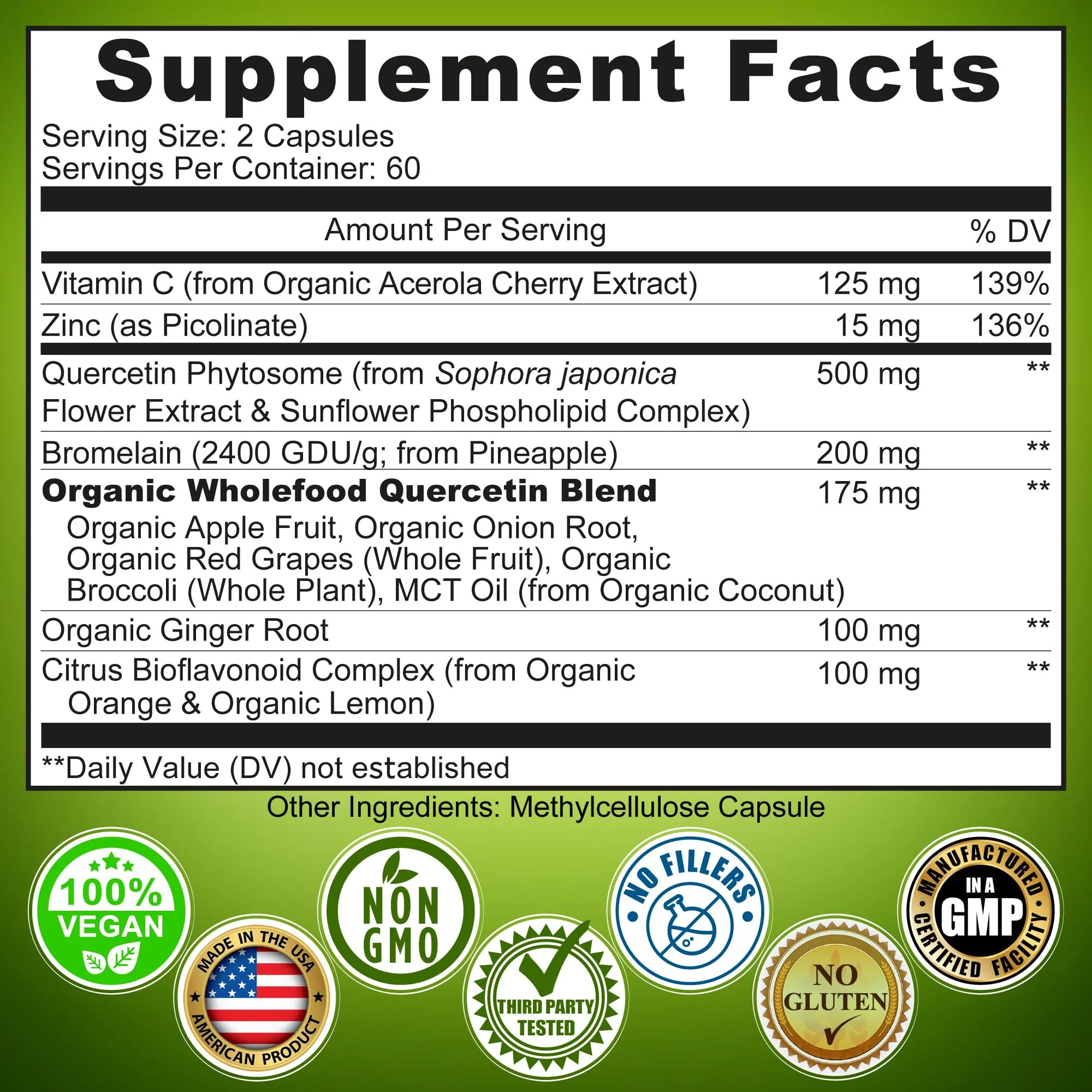 Quercetin with Bromelain Vitamin C and Zinc Enriched with Organic Whole Foods - 1215mg per Serving - Quercetin Phytosome 500mg Capsules with Ginger and Flavonoids for Immune Support - 120 count - Image 3