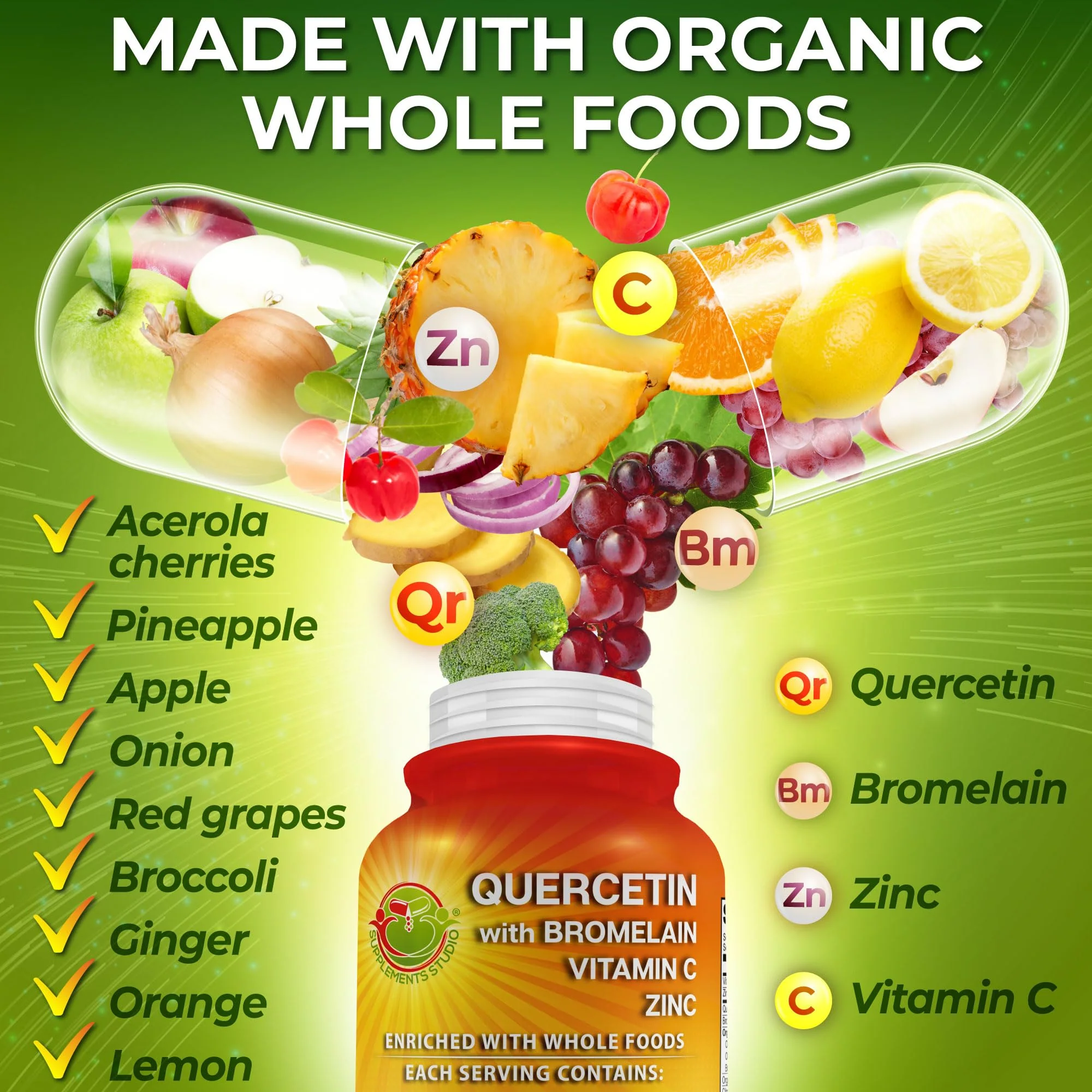Quercetin with Bromelain Vitamin C and Zinc Enriched with Organic Whole Foods - 1215mg per Serving - Quercetin Phytosome 500mg Capsules with Ginger and Flavonoids for Immune Support - 120 count - Image 7