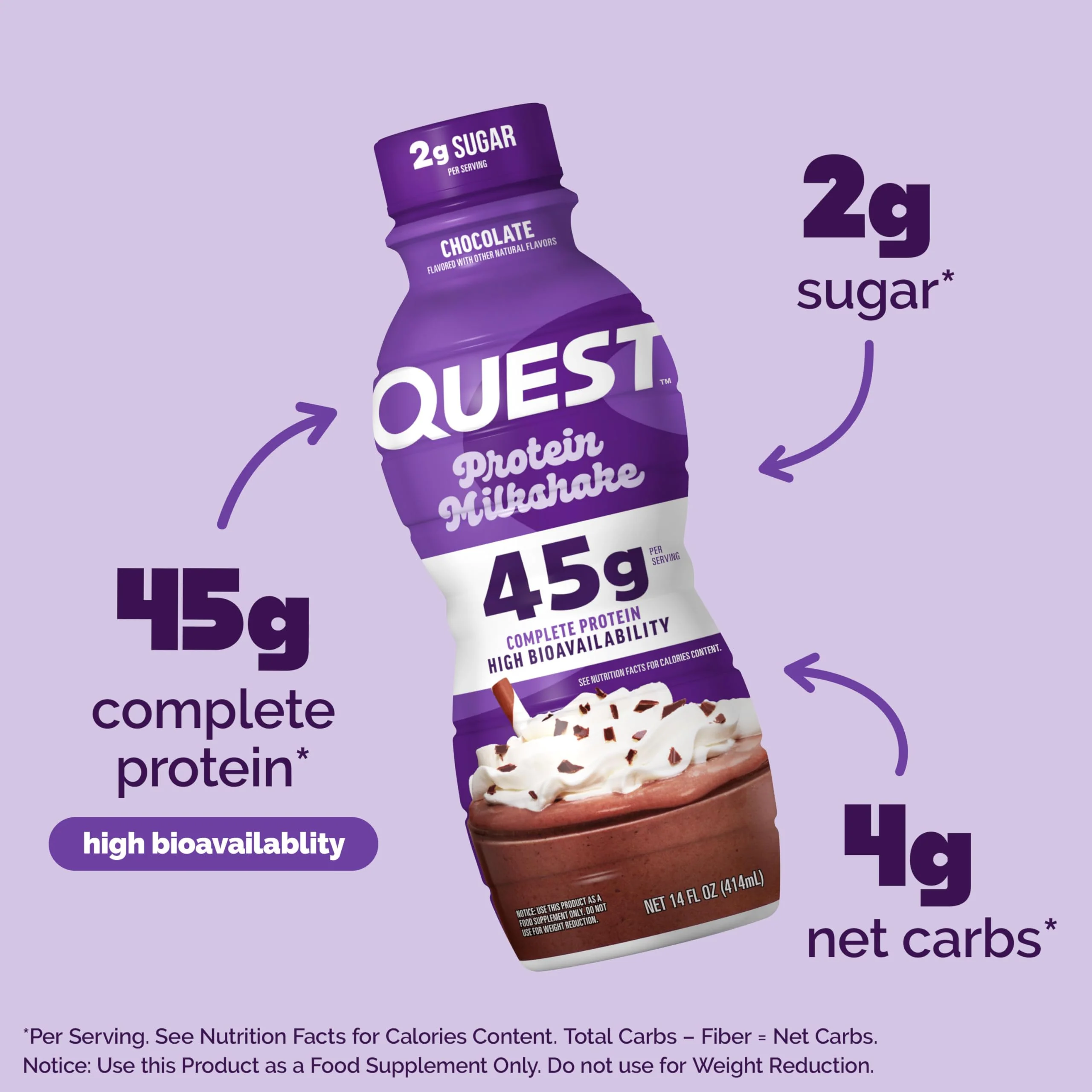 Quest Nutrition Chocolate Protein Shake, 45g Protein, 2g Sugar, 4g Net Carbs, Ready to Drink, Gluten Free, 12 Count - Image 2