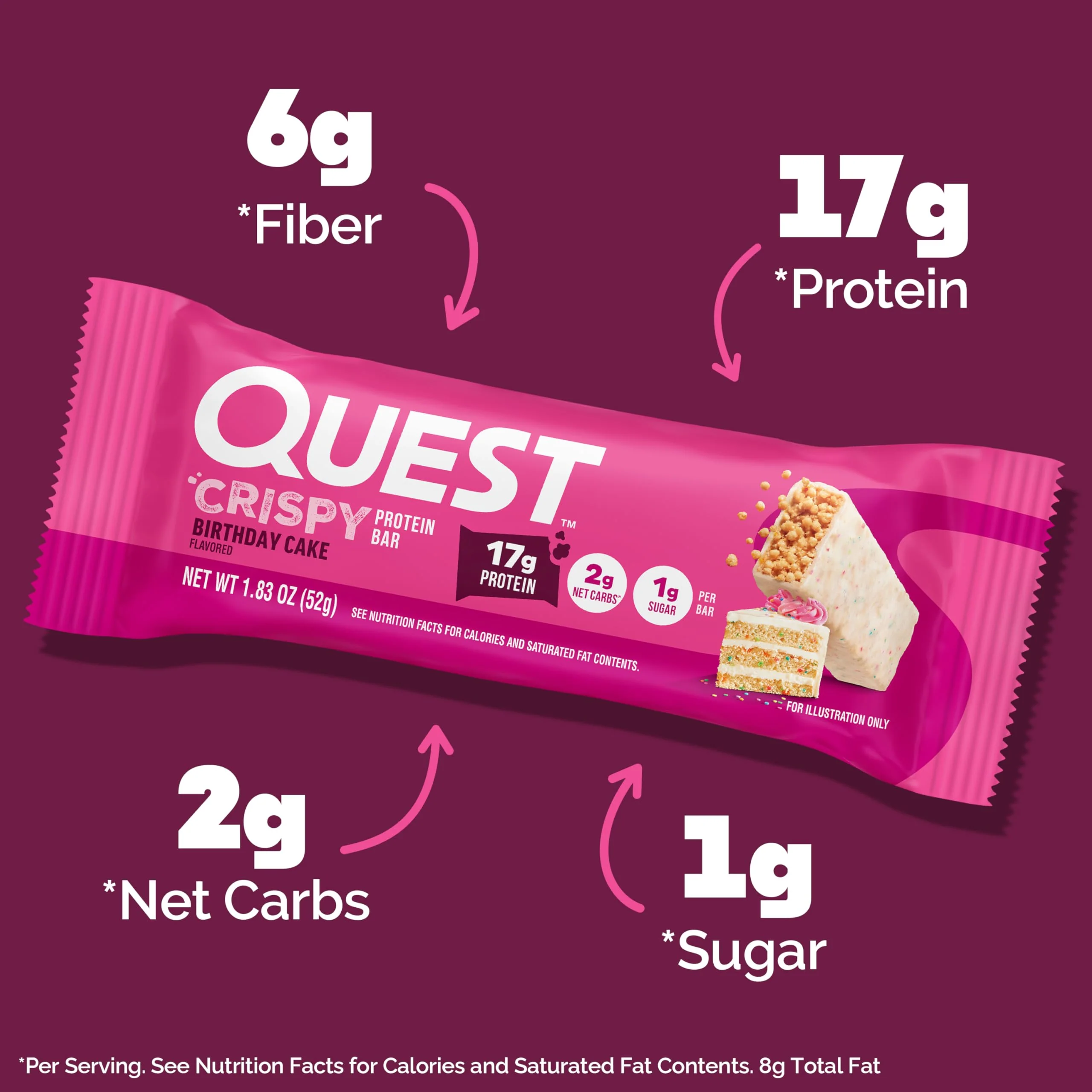 Quest Nutrition Crispy Birthday Cake Protein Bar, 17g Protein, 1g Sugar, 2g Net Carbs, Gluten Free Protein Snack, Keto Friendly, 4 Count - Image 2