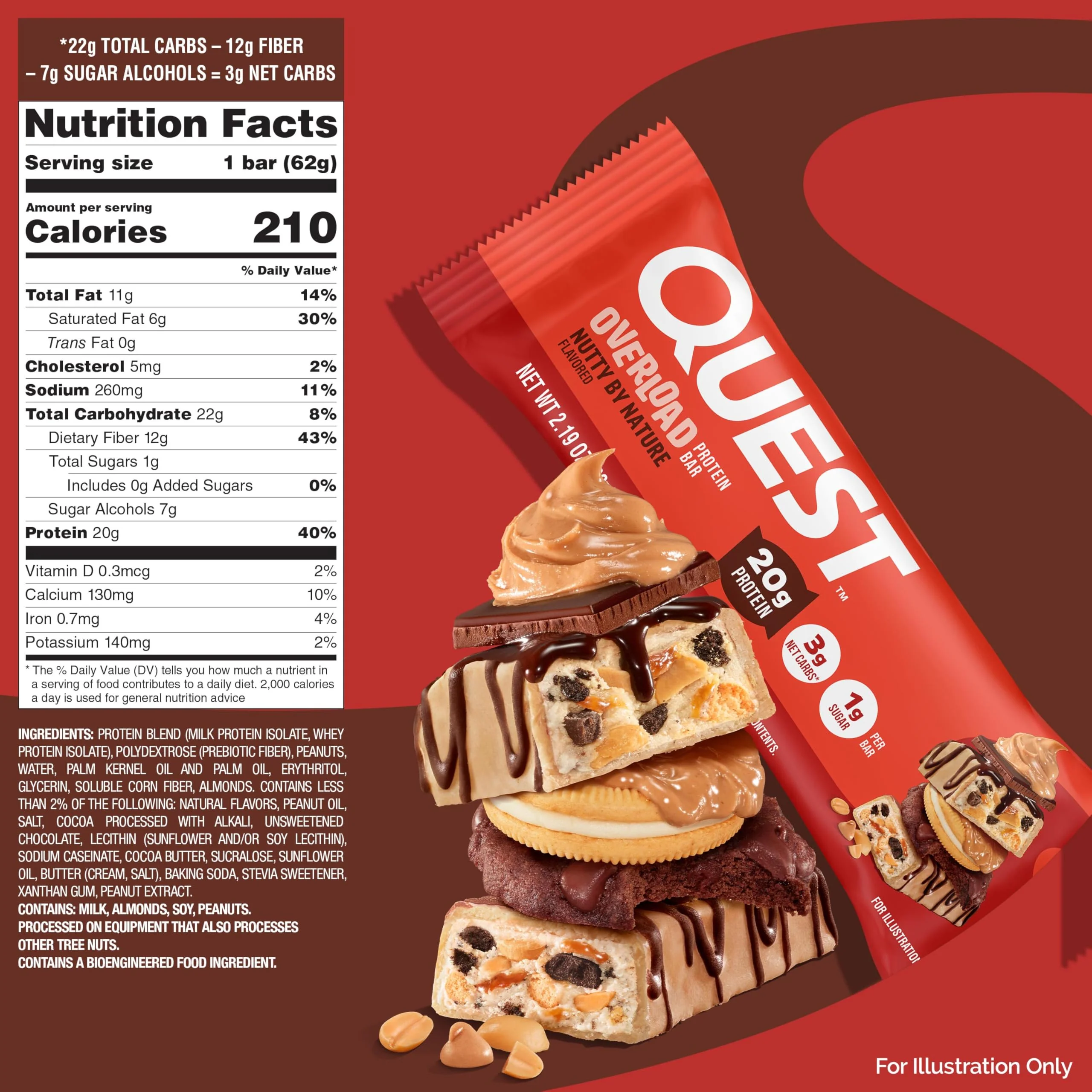 Quest Nutrition Overload Protein Bars, Nutty by Nature Flavored Protein Bars, 20g Protein, 1g Sugar, 3g Net Carbs, Gluten Free, 12 Count - Image 7