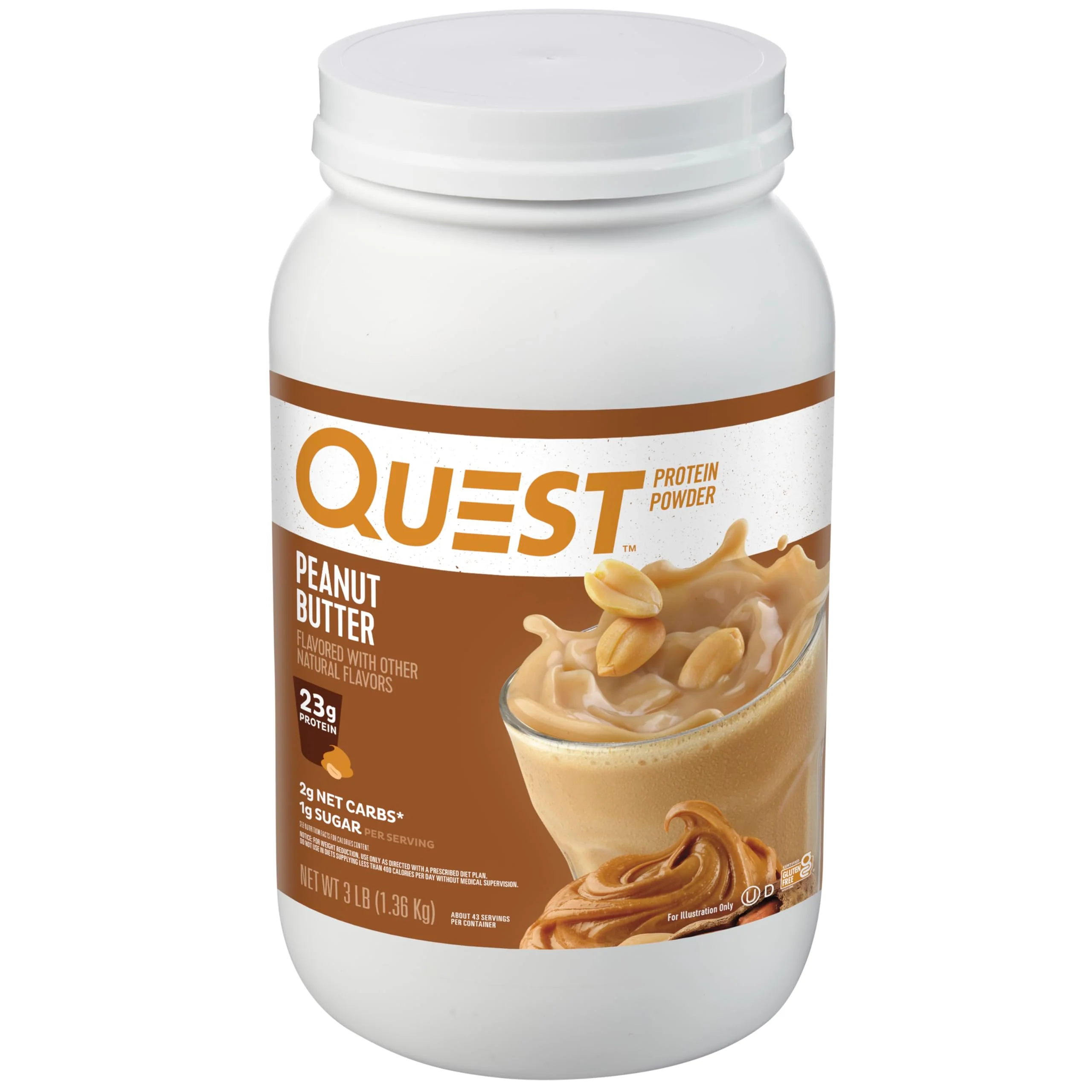 Quest Nutrition Peanut Butter Protein Powder, 23g Protein, 1g Sugar, Low Carb, Gluten Free, 3 Pound, 43 Servings