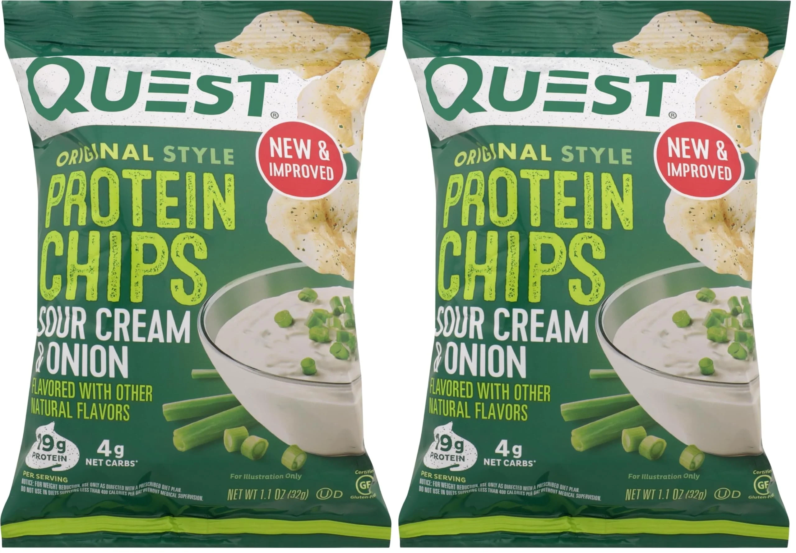 Quest Nutrition Protein Chips, Sour Cream & Onion, 21g Protein, 3g Net Carbs, 130 Cals, 1.1 oz Bag, 1 Count, High Protein, Low Carb, Gluten Free, Soy Free, Potato Free (Pack of 2)