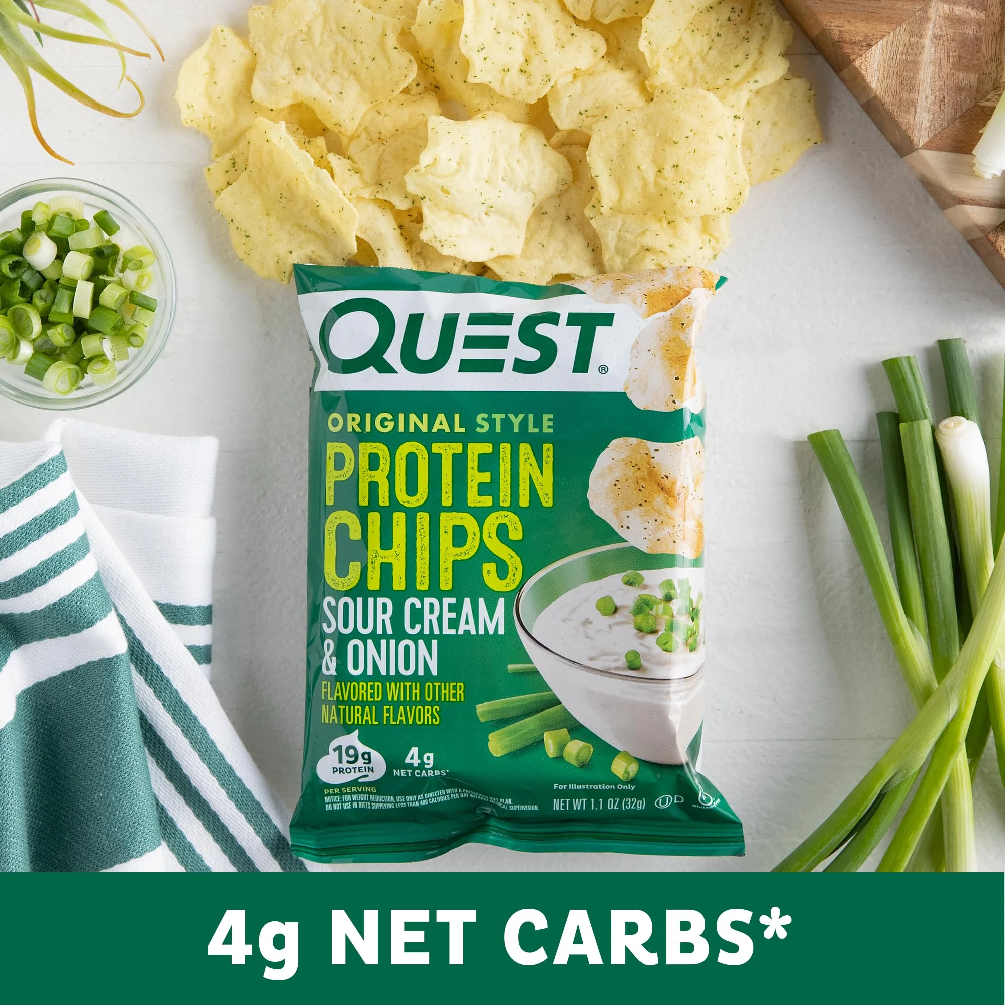 Quest Nutrition Sour Cream & Onion Protein Chips, 19g Protein, 4g Net Carbs, Low Carb, Gluten Free, 1.1 oz, 4 count - Image 2