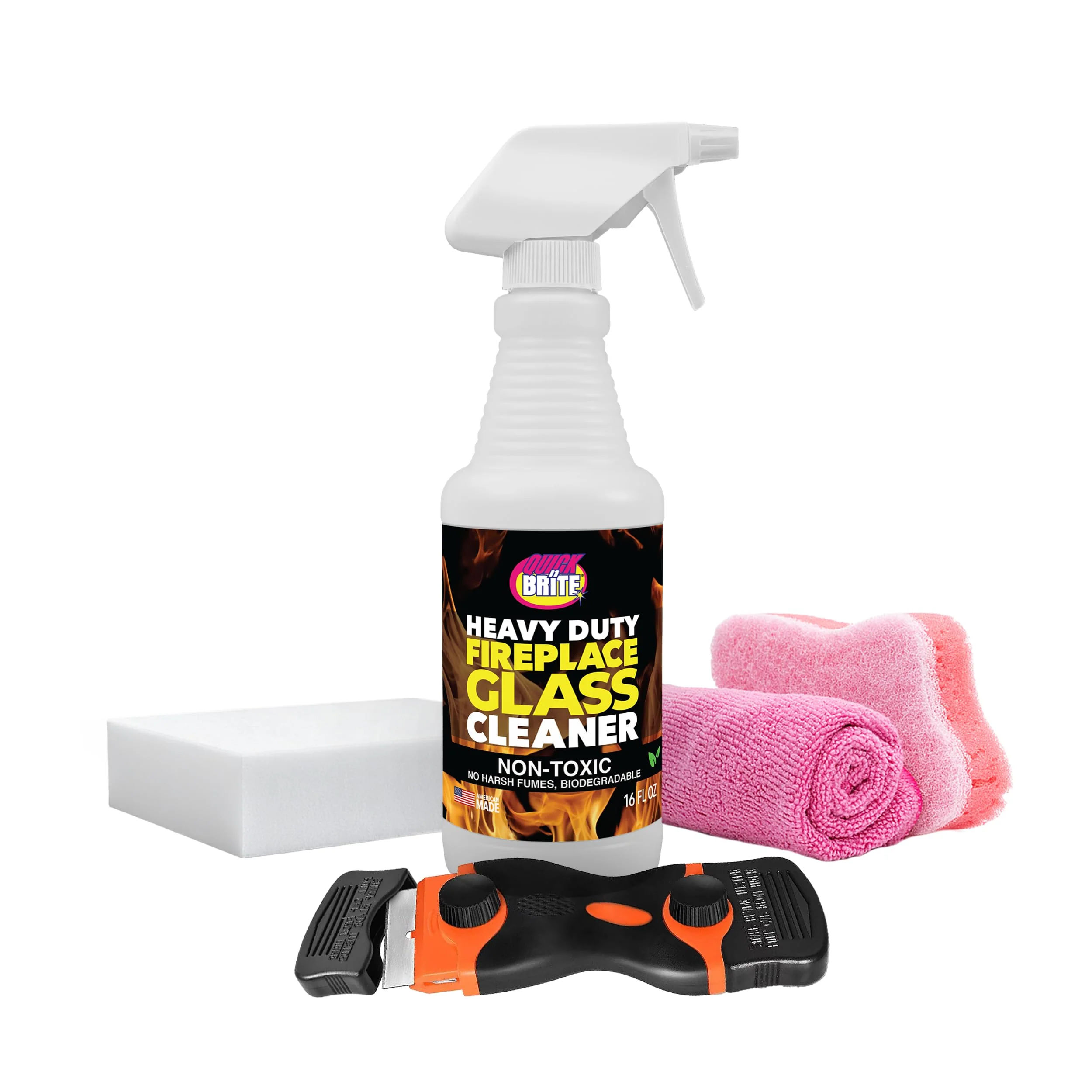Quick 'n Brite Fireplace Glass Cleaner Kit – Heavy-Duty 16oz Cleaner with Scraper Tool, Melamine & Scrubber Sponges, Microfiber Towel – Glass, Wood Stove & Fireplace Door Cleaning - Made in the USA