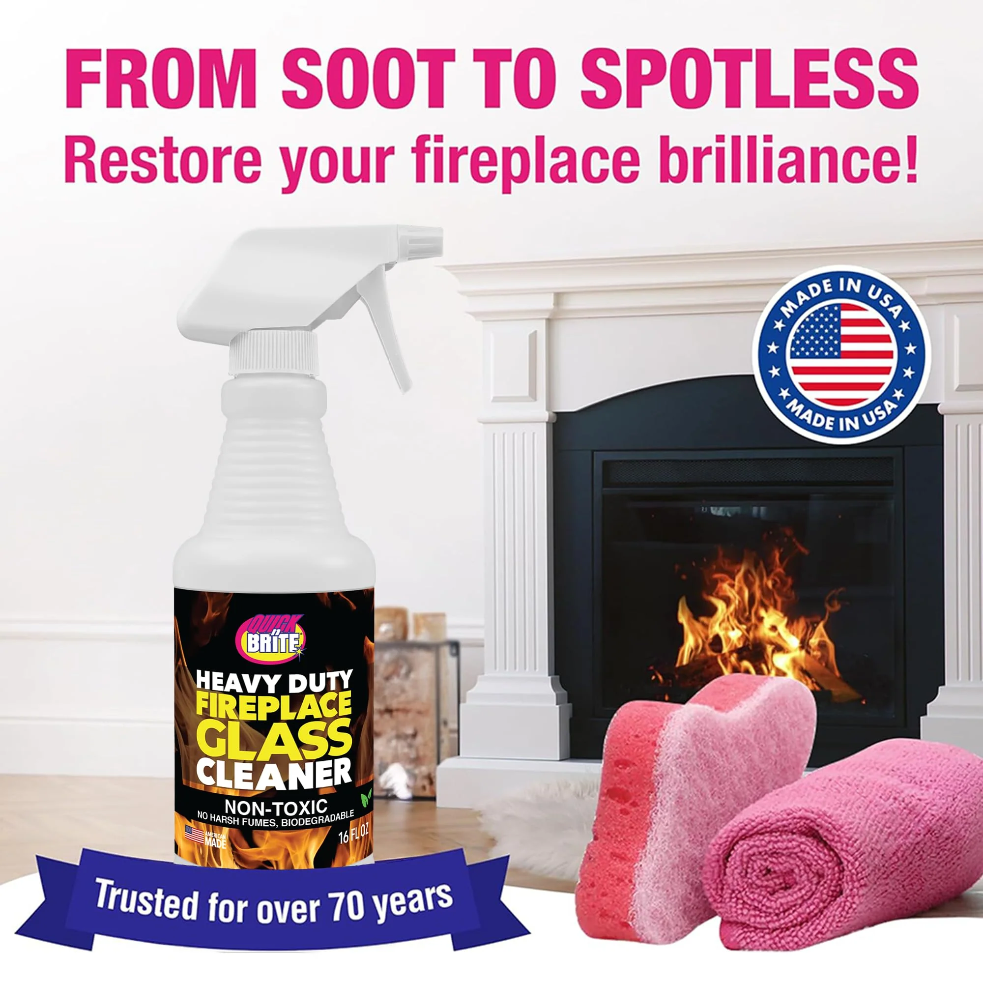 Quick 'n Brite Fireplace Glass Cleaner Kit – Heavy-Duty 16oz Cleaner with Scraper Tool, Melamine & Scrubber Sponges, Microfiber Towel – Glass, Wood Stove & Fireplace Door Cleaning - Made in the USA - Image 2