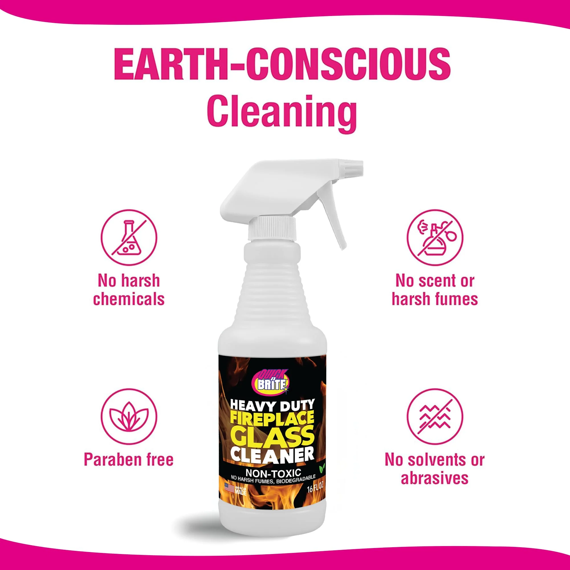 Quick 'n Brite Fireplace Glass Cleaner Kit – Heavy-Duty 16oz Cleaner with Scraper Tool, Melamine & Scrubber Sponges, Microfiber Towel – Glass, Wood Stove & Fireplace Door Cleaning - Made in the USA - Image 3