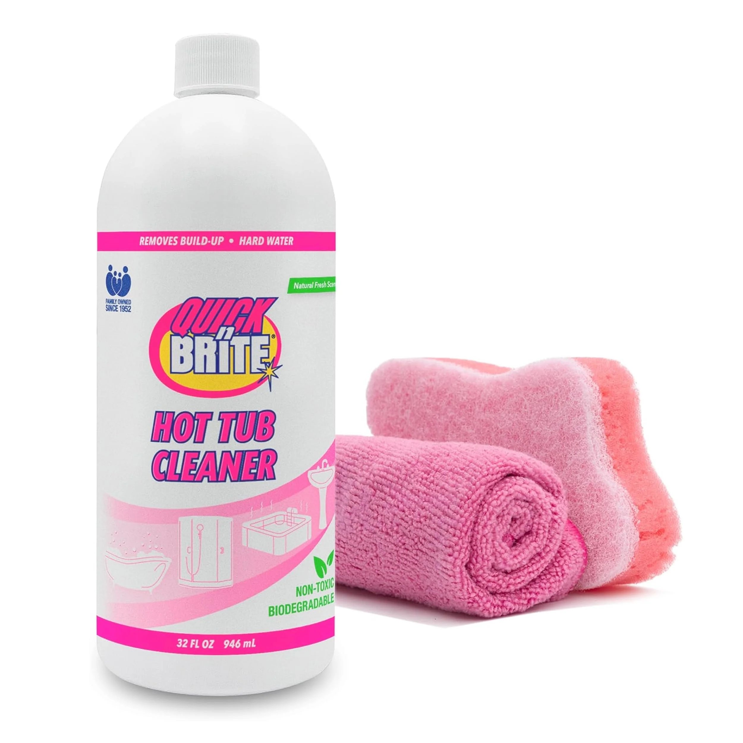 Quick N Brite Heavy Duty Hot Tub Cleaner Kit - Non-abrasive Cleaning Gel with Sponge and Cloth, 32 oz. (Packaging May Vary)