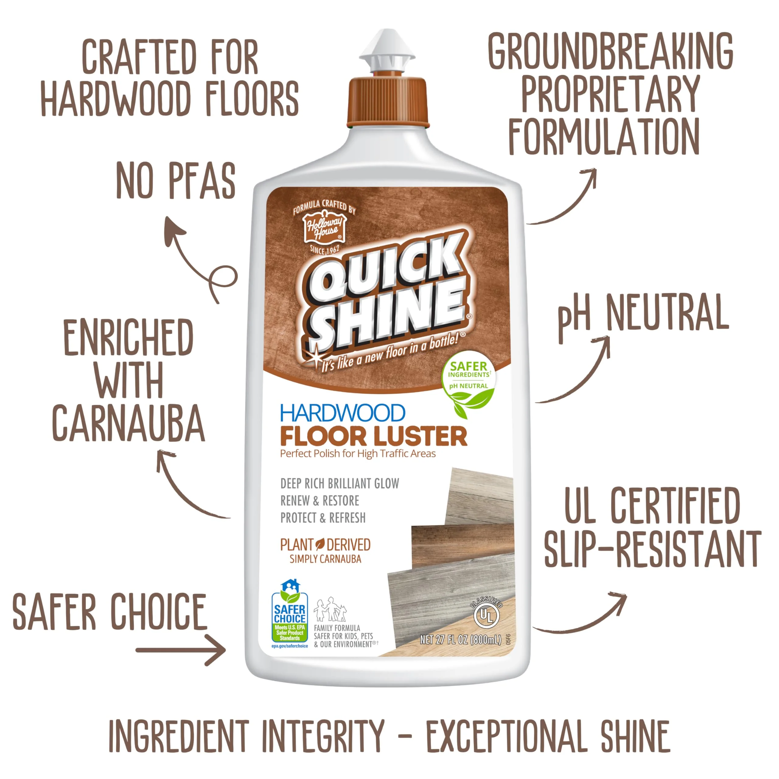 Quick Shine Hardwood Floor Luster-Polish 27oz-2pk | Plant-Derived w/Carnauba | Safer Choice, No PFAS, pH Neutral | Ready to Use Formula w/Anti-Slip Technology | Simply Squirt & Spread | Made in USA - Image 20