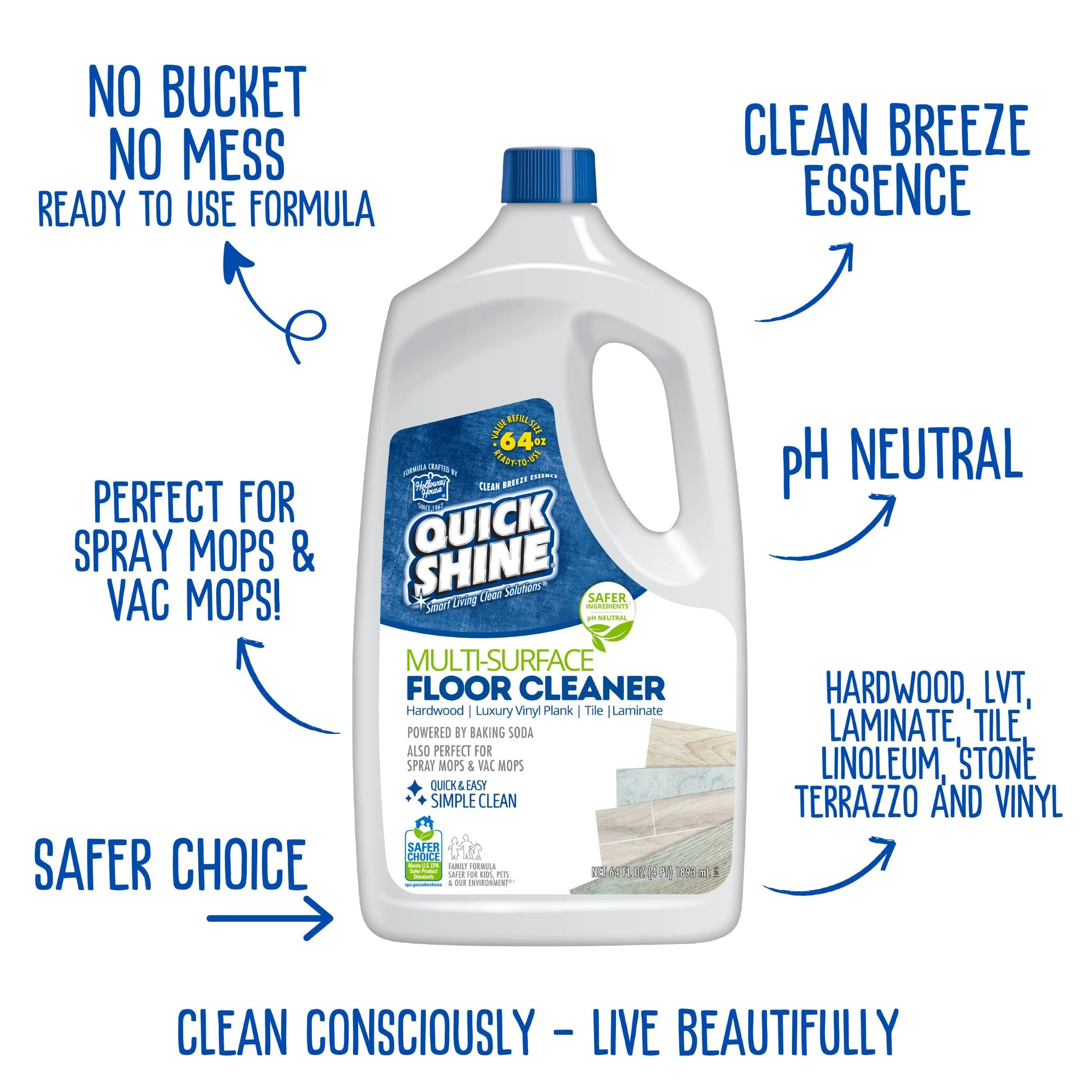 Quick Shine Multi Surface Floor Cleaner 64oz, Ready to Use-Streak Free-No Rinse, Use on Hardwood, Laminate, Luxury Vinyl Plank & Stone, Use in Spray Mops & Vac Mops, Safer Choice Cleaner - Image 19
