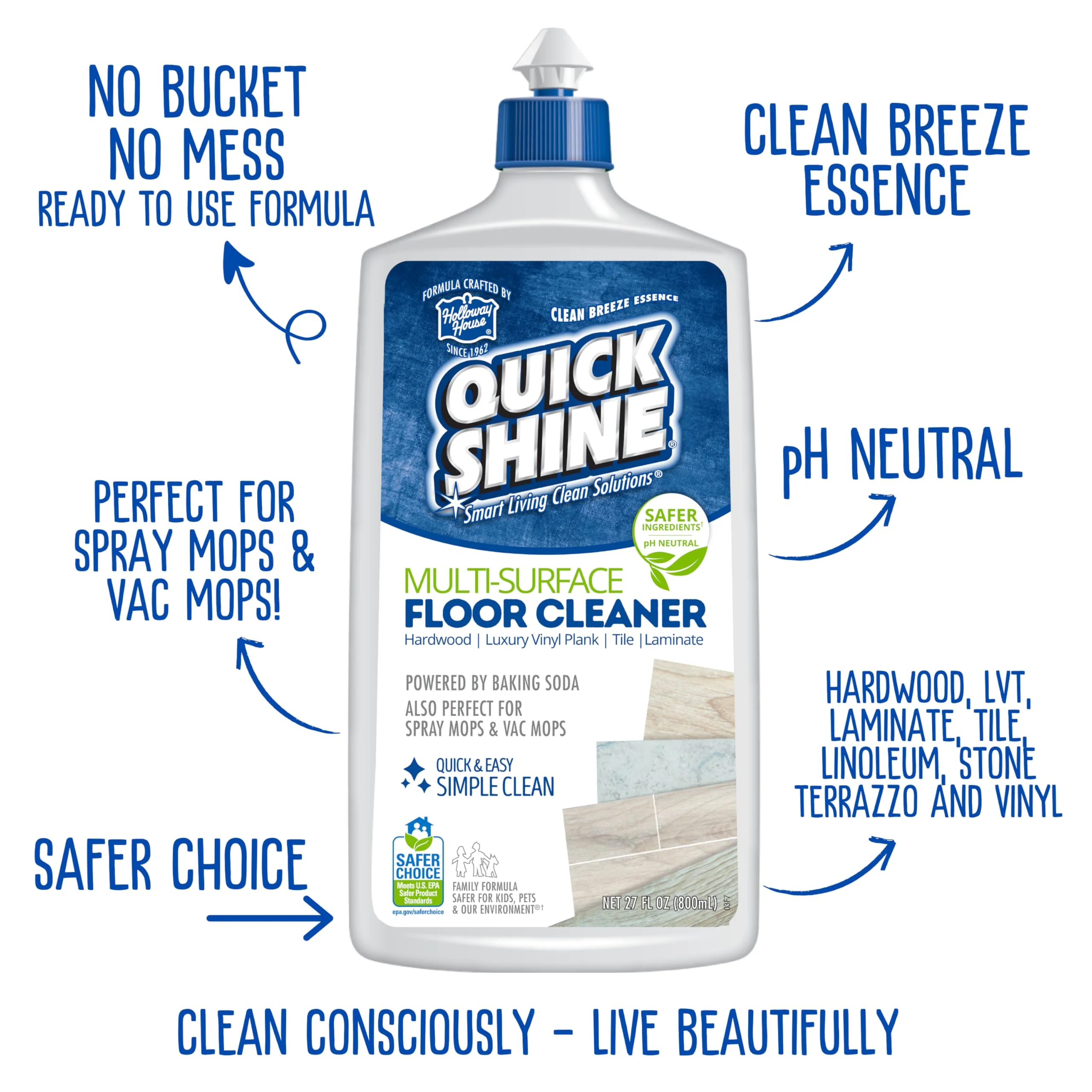 Quick Shine Multi Surface Floor Cleaner & Floor Polish w/Clean Shine Technology 2-27oz Bottles | Use on Hardwood, Laminate, Luxury Vinyl Plank, Tile & Stone | Safer Choice Formulas - Image 11