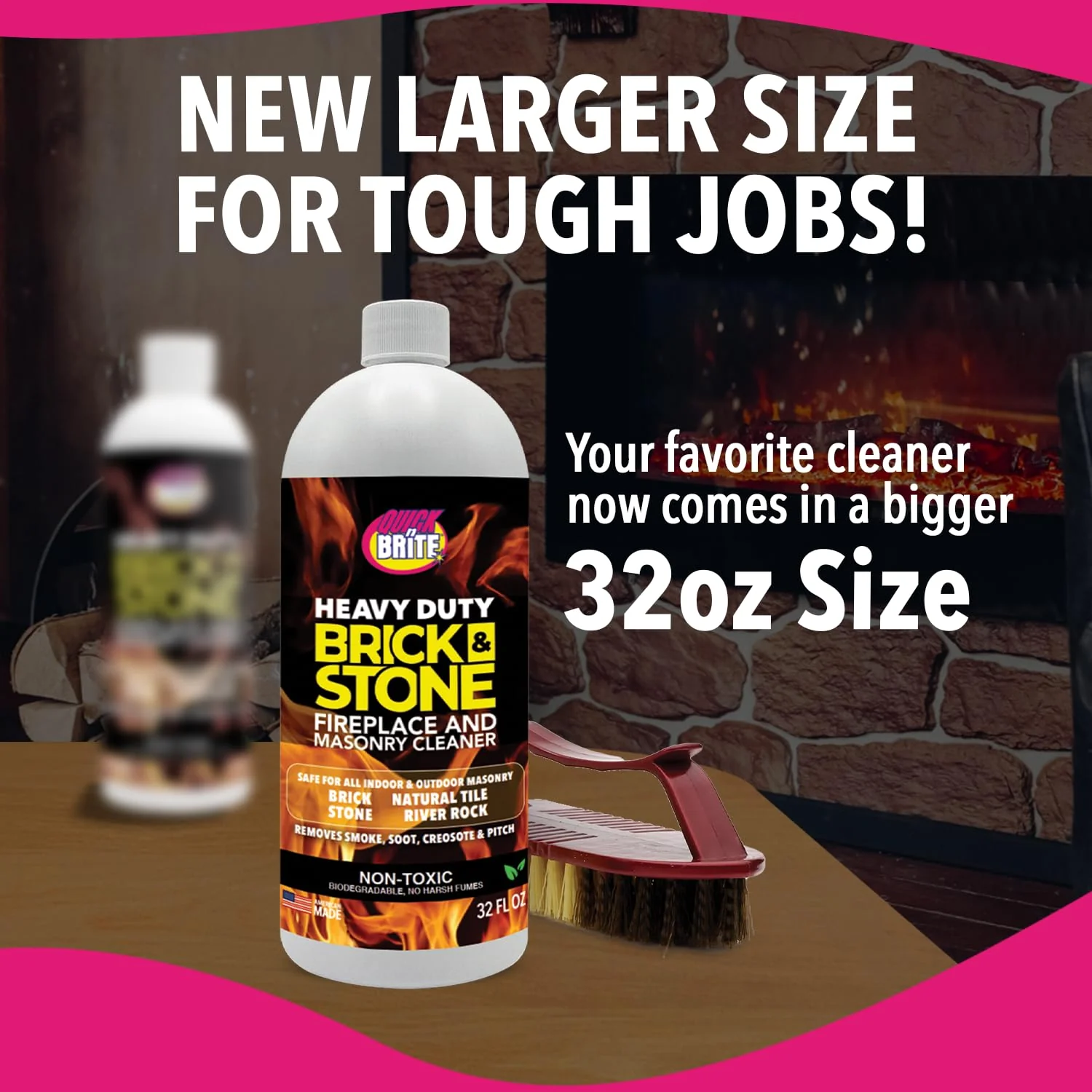 Quick'n Brite Fireplace Brick and Stone Cleaner 32oz with Scrub Brush - Natural Stone, Tile, and Marble Cleaner - Indoor Fireplace and Wood Stove Cleaning Kit - Pellet Stove Creosote Remover - Image 2