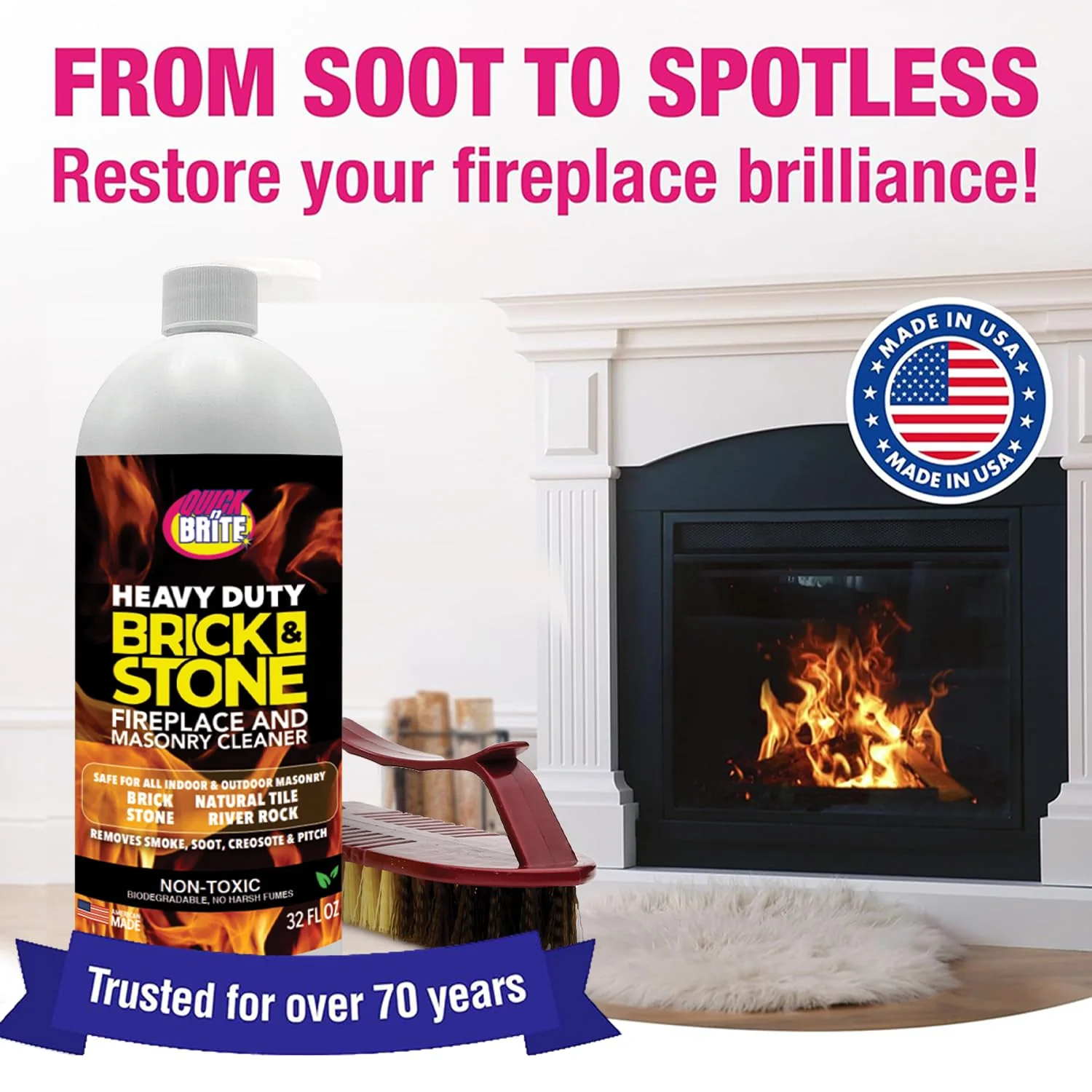 Quick'n Brite Fireplace Brick and Stone Cleaner 32oz with Scrub Brush - Natural Stone, Tile, and Marble Cleaner - Indoor Fireplace and Wood Stove Cleaning Kit - Pellet Stove Creosote Remover - Image 3