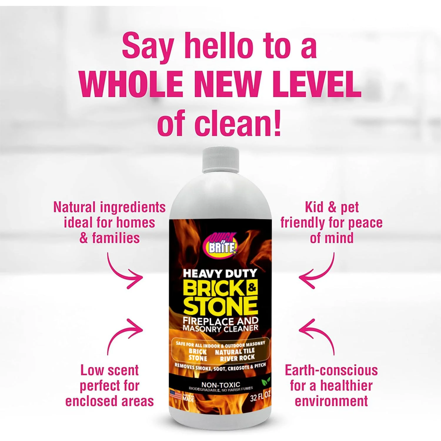 Quick'n Brite Fireplace Brick and Stone Cleaner 32oz with Scrub Brush - Natural Stone, Tile, and Marble Cleaner - Indoor Fireplace and Wood Stove Cleaning Kit - Pellet Stove Creosote Remover - Image 5