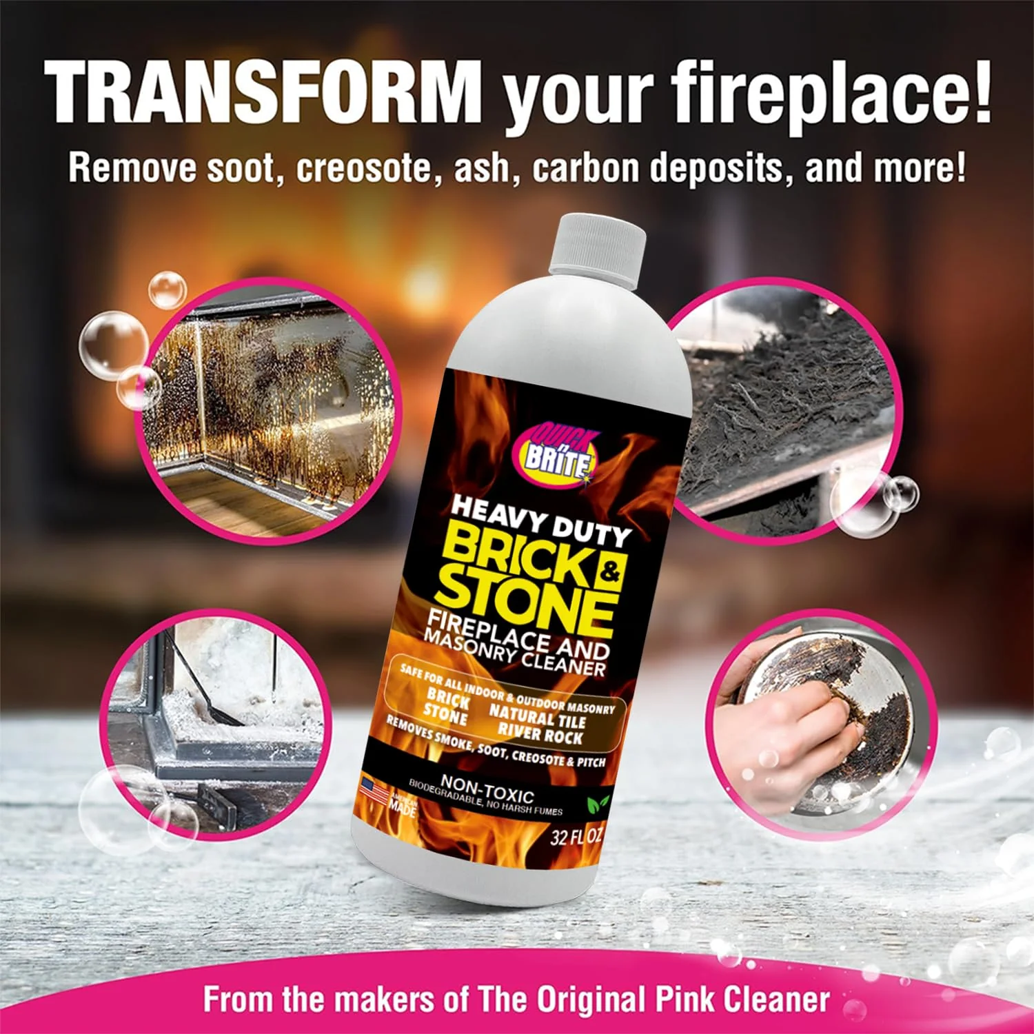 Quick'n Brite Fireplace Brick and Stone Cleaner 32oz with Scrub Brush - Natural Stone, Tile, and Marble Cleaner - Indoor Fireplace and Wood Stove Cleaning Kit - Pellet Stove Creosote Remover - Image 8