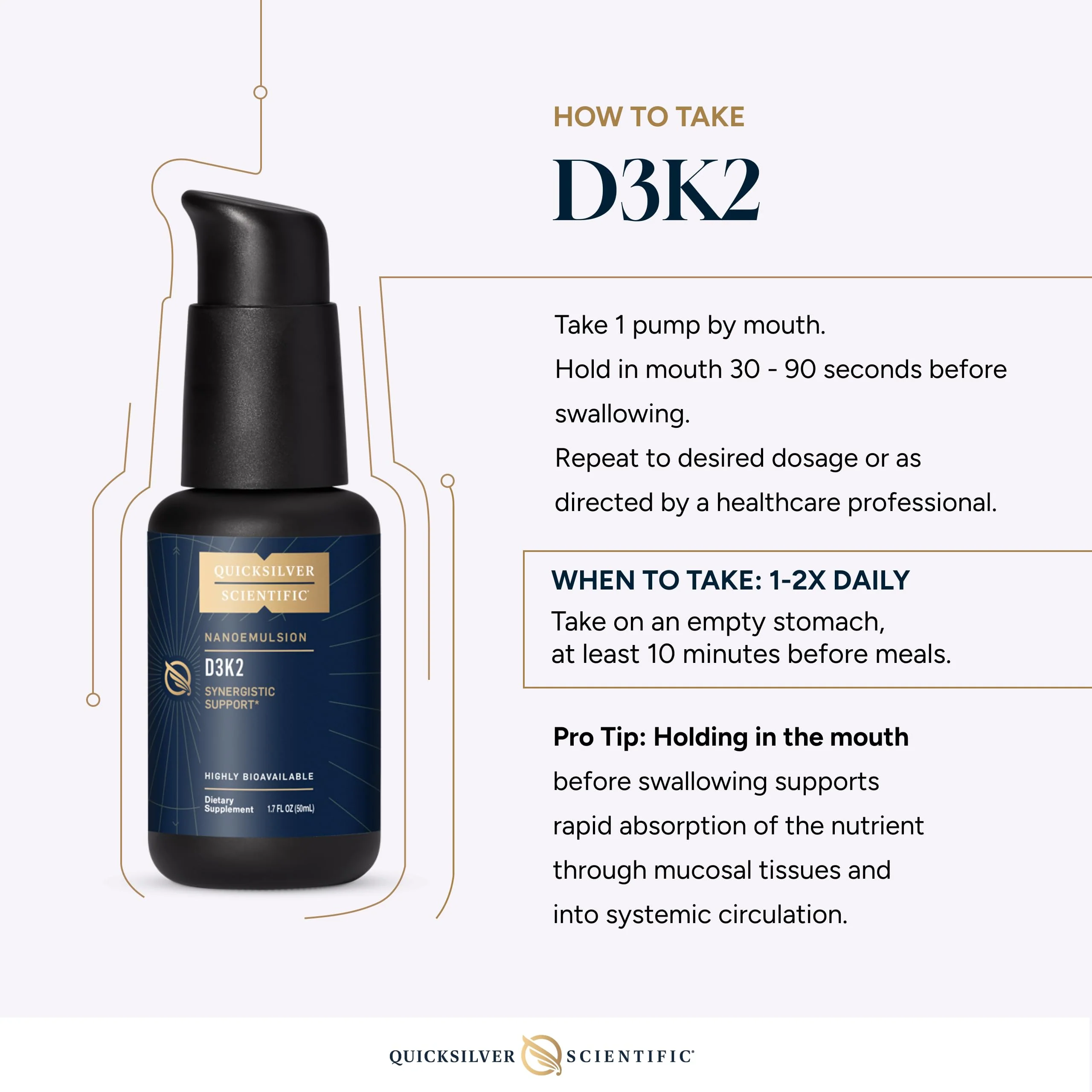 Quicksilver Scientific Nanoemulsified D3K2 - Emulsified Liquid Vitamin D3 + K2 MK7 Liposomal Supplement for Heart, Bone Health + Immune Support - Bioactive 2500IU for Enhanced Absorption (1.7oz/50ml) - Image 2