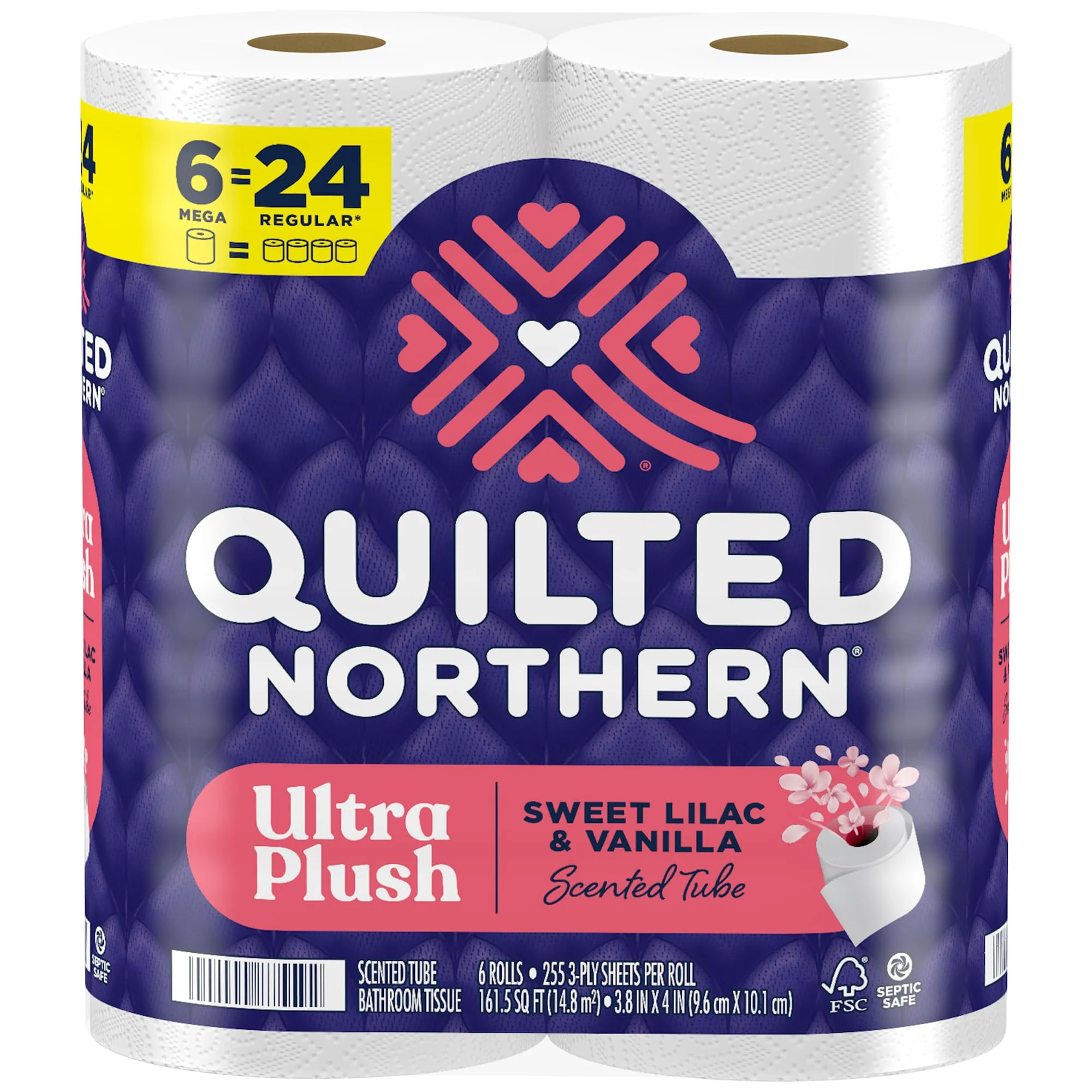 Quilted Northern Ultra Plush Toilet Paper with Sweet Lilac & Vanilla Scented Tube, 6 Mega Rolls = 24 Regular Rolls, 3 Ply Soft Toilet Tissue