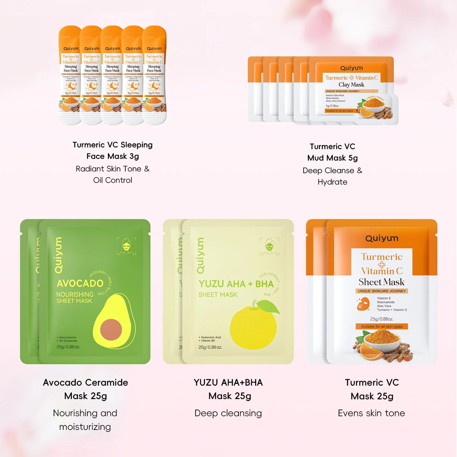 QUIYUM Skincare Set - 26PCS Face Masks & Lip-Eye Masks, Fruit & Turmeric VC Masks Gifts for Women Teen Girls, Travel Size Toiletries for Mother's Day Christmas Birthday - Image 5
