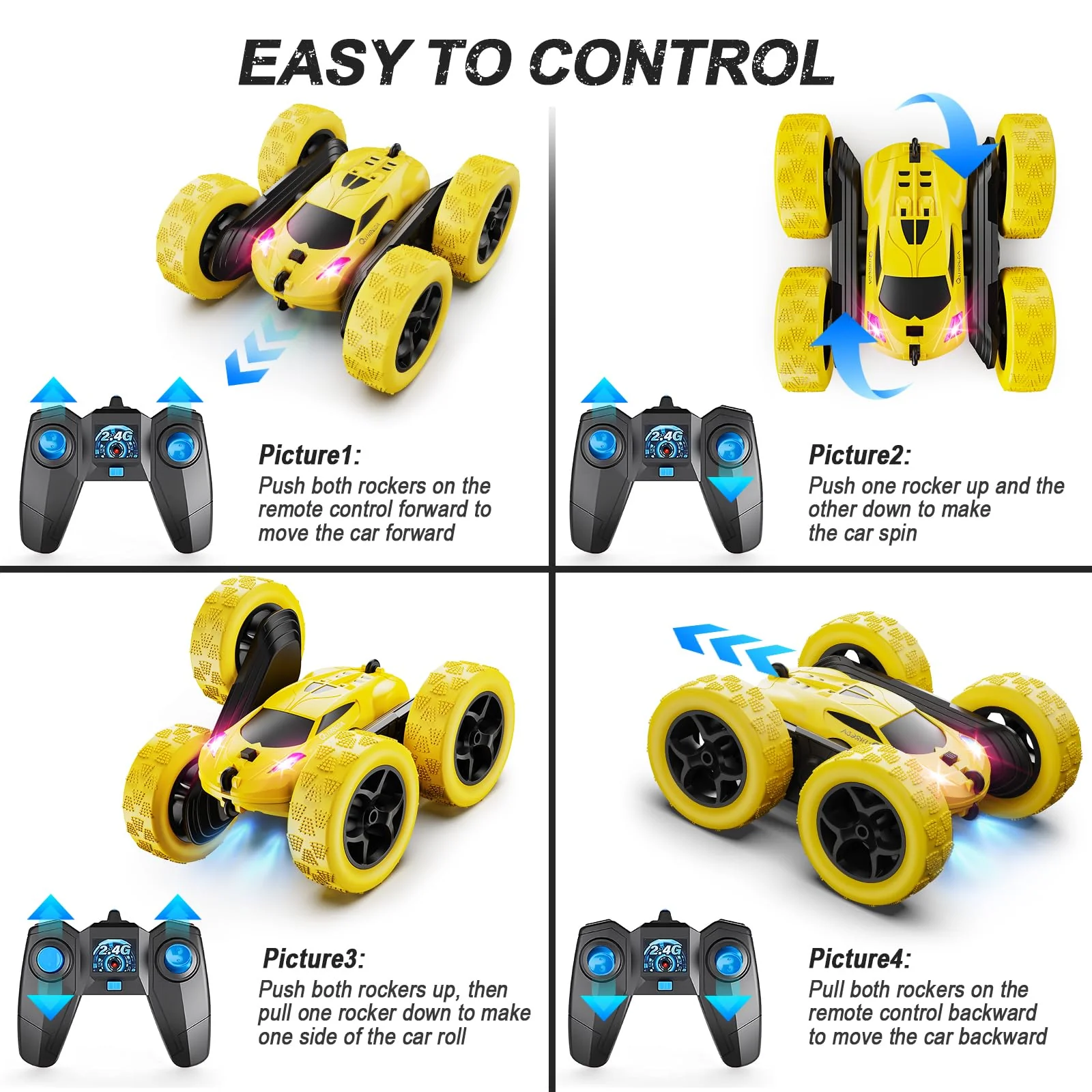 QUNREDA Remote Control Car,RC Car Toys for 6-12 Year Old Boys, Off Road RC Stunt Car 4WD 360° Rotating Remote Control Car for Kids, Boys Girls Gifts for Birthday, Christmas Yellow