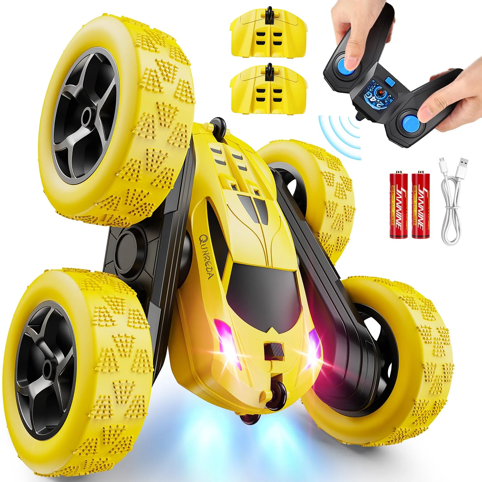 QUNREDA Remote Control Car,RC Car Toys for 6-12 Year Old Boys, Off Road RC Stunt Car 4WD 360° Rotating Remote Control Car for Kids, Boys Girls Gifts for Birthday, Christmas Yellow - Image 2