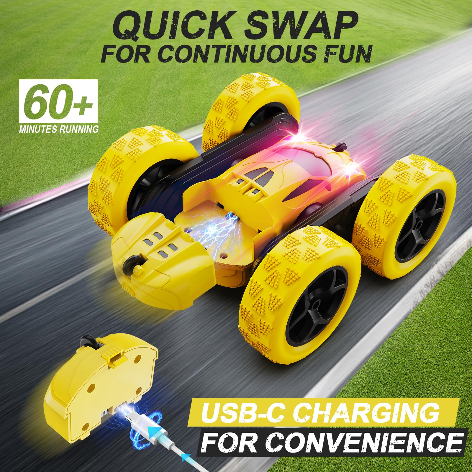 QUNREDA Remote Control Car,RC Car Toys for 6-12 Year Old Boys, Off Road RC Stunt Car 4WD 360° Rotating Remote Control Car for Kids, Boys Girls Gifts for Birthday, Christmas Yellow - Image 3