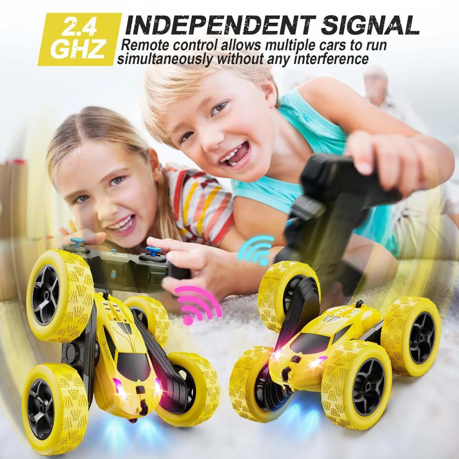 QUNREDA Remote Control Car,RC Car Toys for 6-12 Year Old Boys, Off Road RC Stunt Car 4WD 360° Rotating Remote Control Car for Kids, Boys Girls Gifts for Birthday, Christmas Yellow - Image 4
