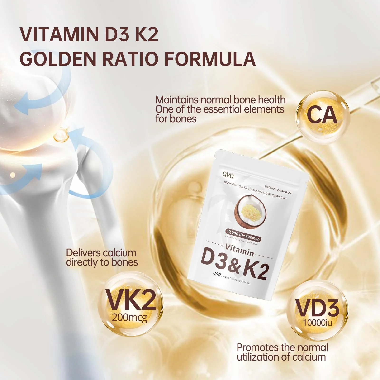 QVQ 300 Pcs 2 in 1 Vitamin D3 10000 iu Plus K2 (MK-7) 200 mcg Virgin Coconut Oil Softgels with Vitamins D & K Supports Calcium Absorption, Bone, Immune, & Heart Health – Easy to Swallow - Image 6