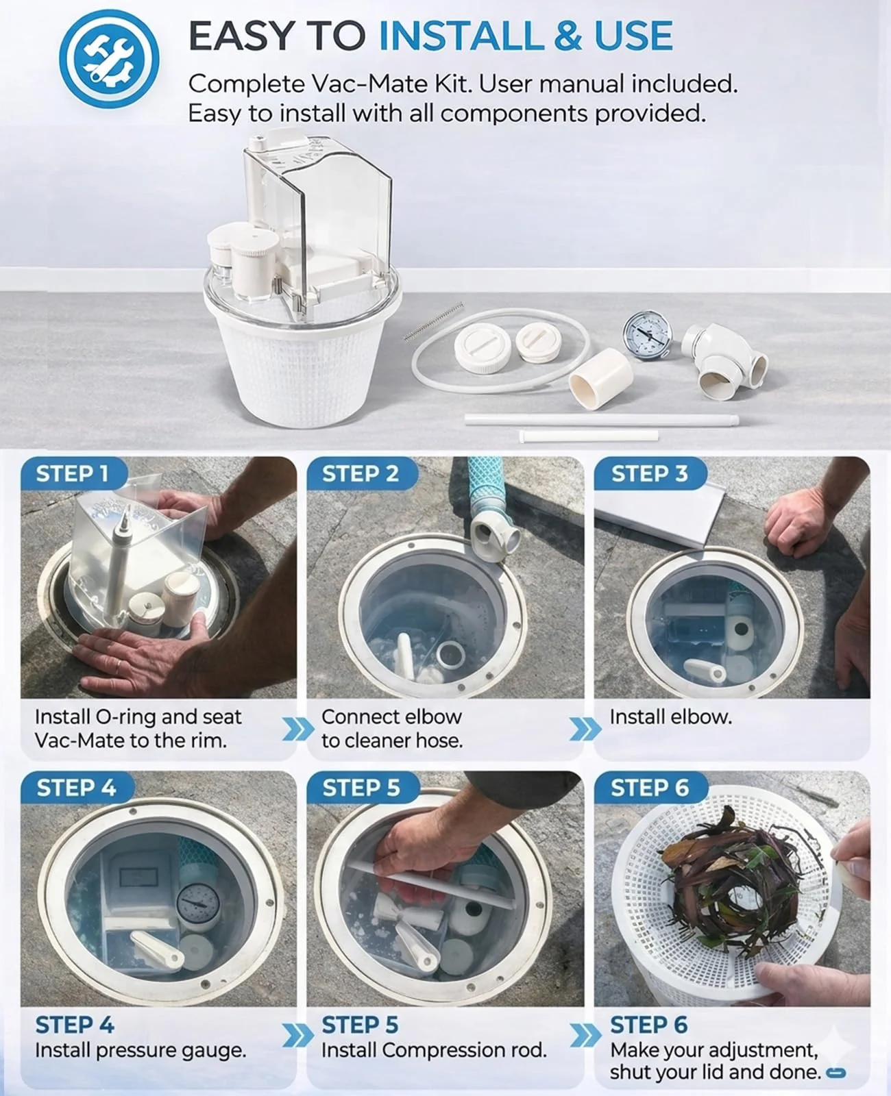 R211100 Vac-Mate Pool Cleaner Dispenser Box – Multi-Function Vacuum Skimmer Attachment – Includes Basket, Pressure Gauge & Easy Install Kit - Image 5