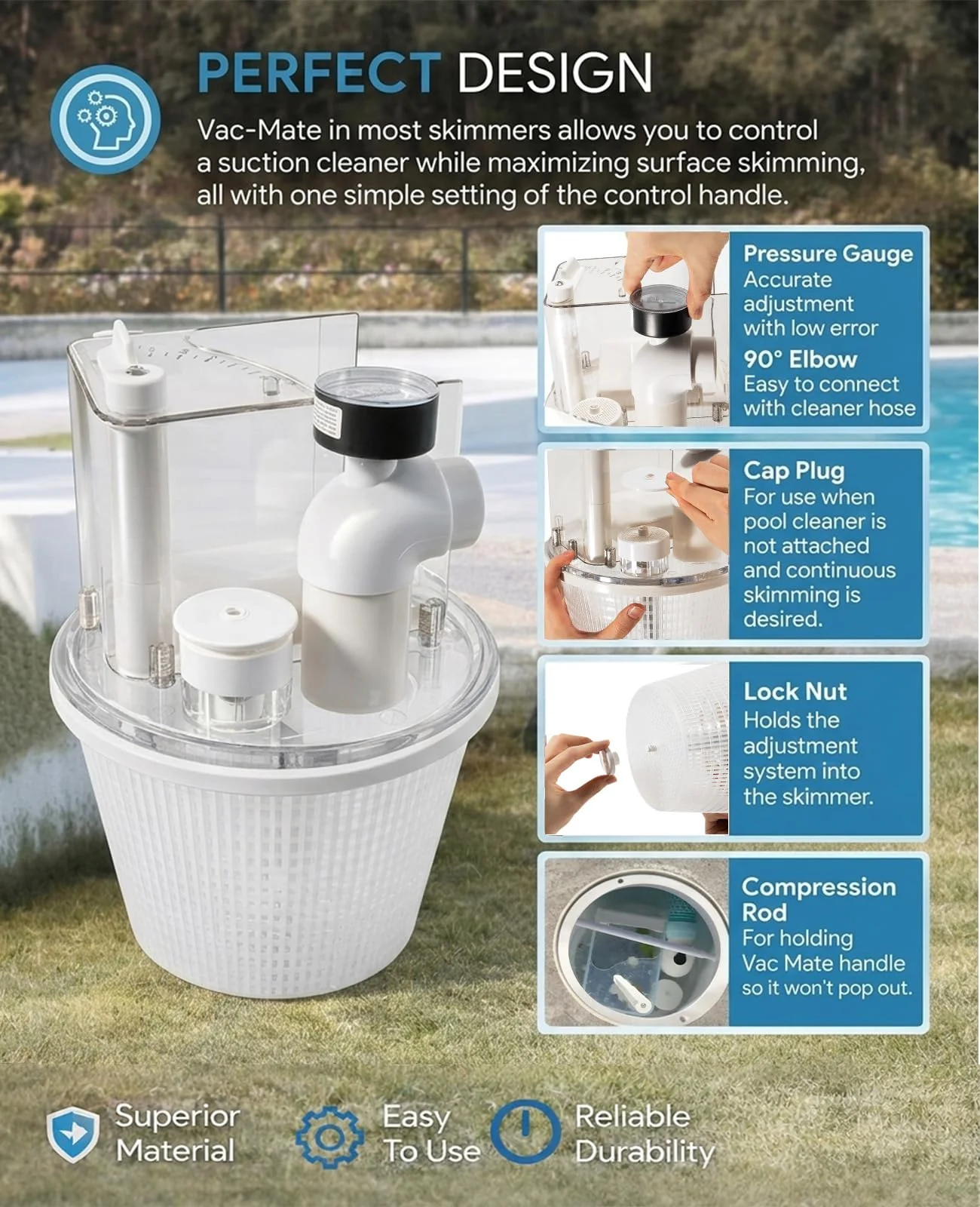 R211100 Vac-Mate Pool Cleaner Dispenser Box – Multi-Function Vacuum Skimmer Attachment – Includes Basket, Pressure Gauge & Easy Install Kit - Image 6
