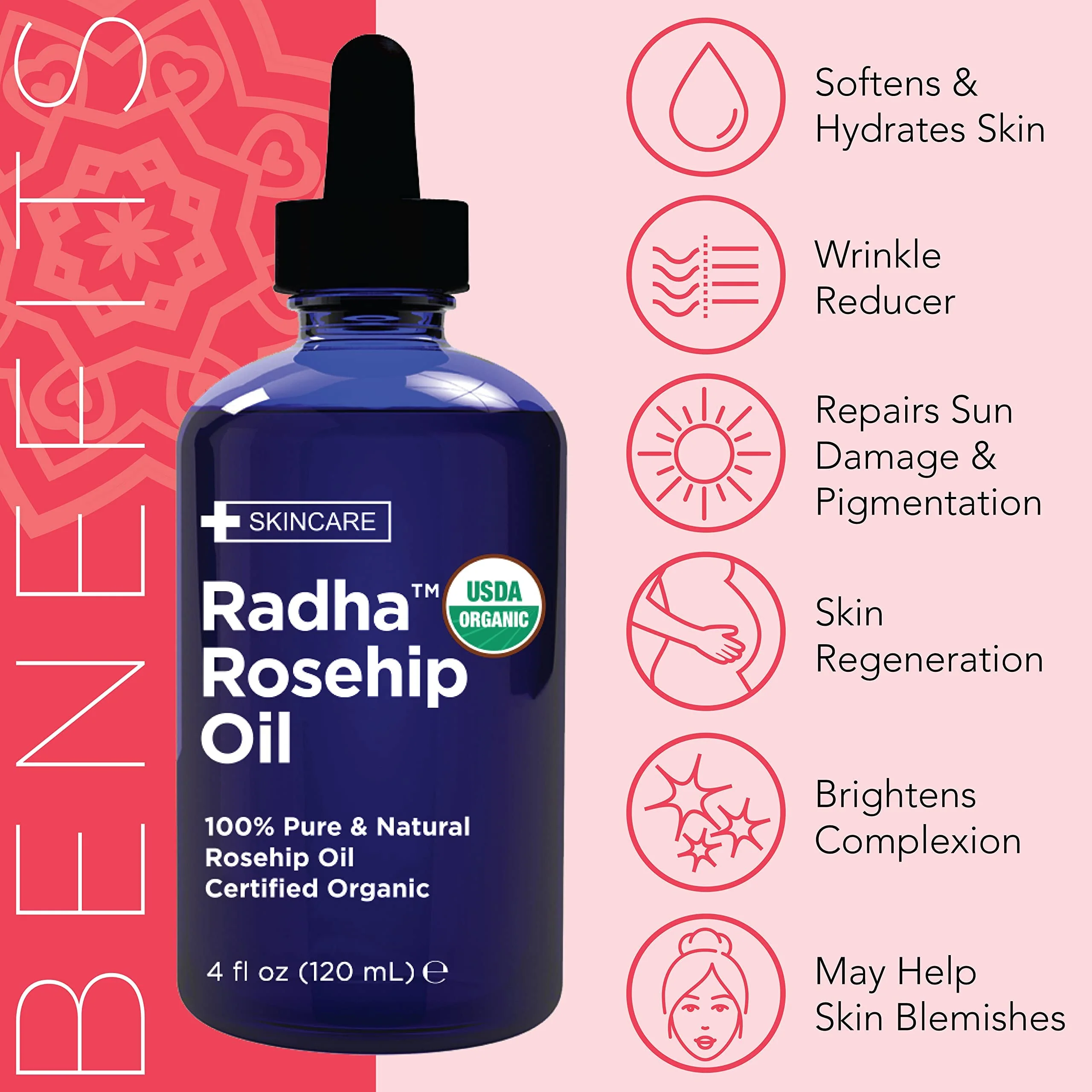 Radha Beauty 4 oz Organic Rosehip Seed Oil 100% Pure Cold Pressed - Great Carrier Oil for Moisturizing Face, Hair, Skin, & Nails, Hydrating and Nourishing - Image 5