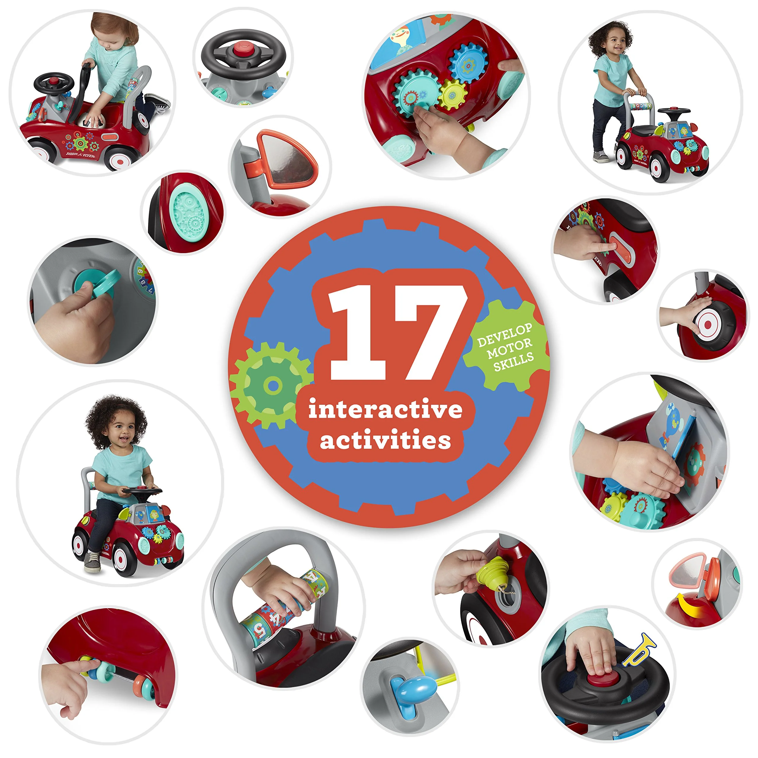 Radio Flyer Busy Buggy, for Toddlers 1-3, 3-in-1 Push Walker Ride On Car with 17 Sensory Activities, Anti-Tip Feature, Under-Seat Storage, Horn and Gears, 42 lb Capacity, Toddler Ride On Toys - Image 4