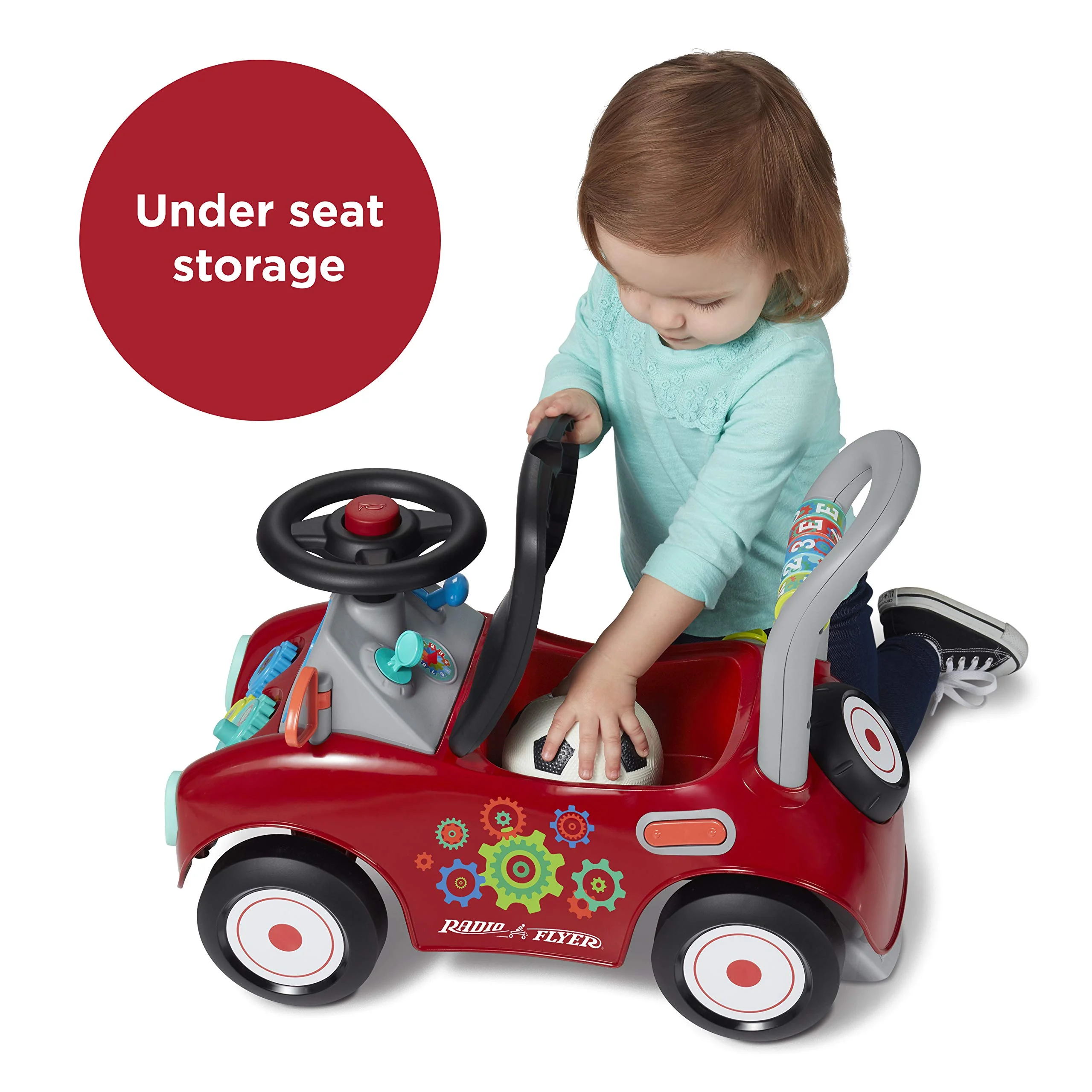 Radio Flyer Busy Buggy, for Toddlers 1-3, 3-in-1 Push Walker Ride On Car with 17 Sensory Activities, Anti-Tip Feature, Under-Seat Storage, Horn and Gears, 42 lb Capacity, Toddler Ride On Toys - Image 6