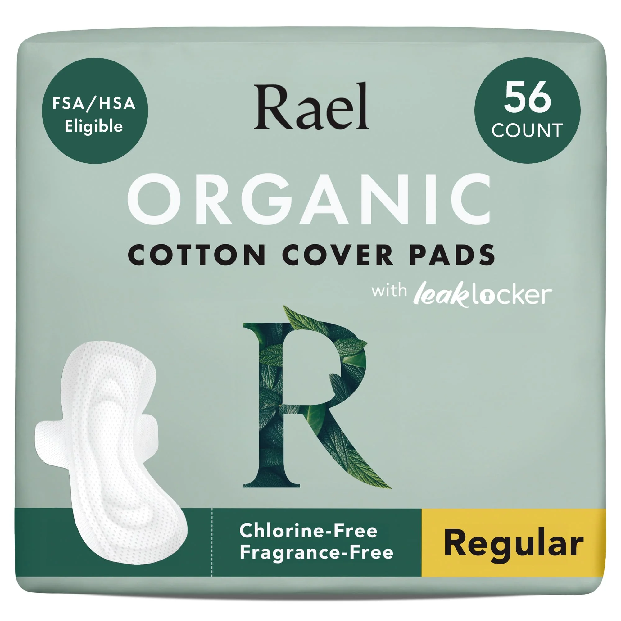 Rael Pads for Women, Organic Cotton Cover - Moderate Absorbency, Feminine Care, Ultra Thin, Sanitary Napkins with Wings, Unscented (Regular, 56 Total)