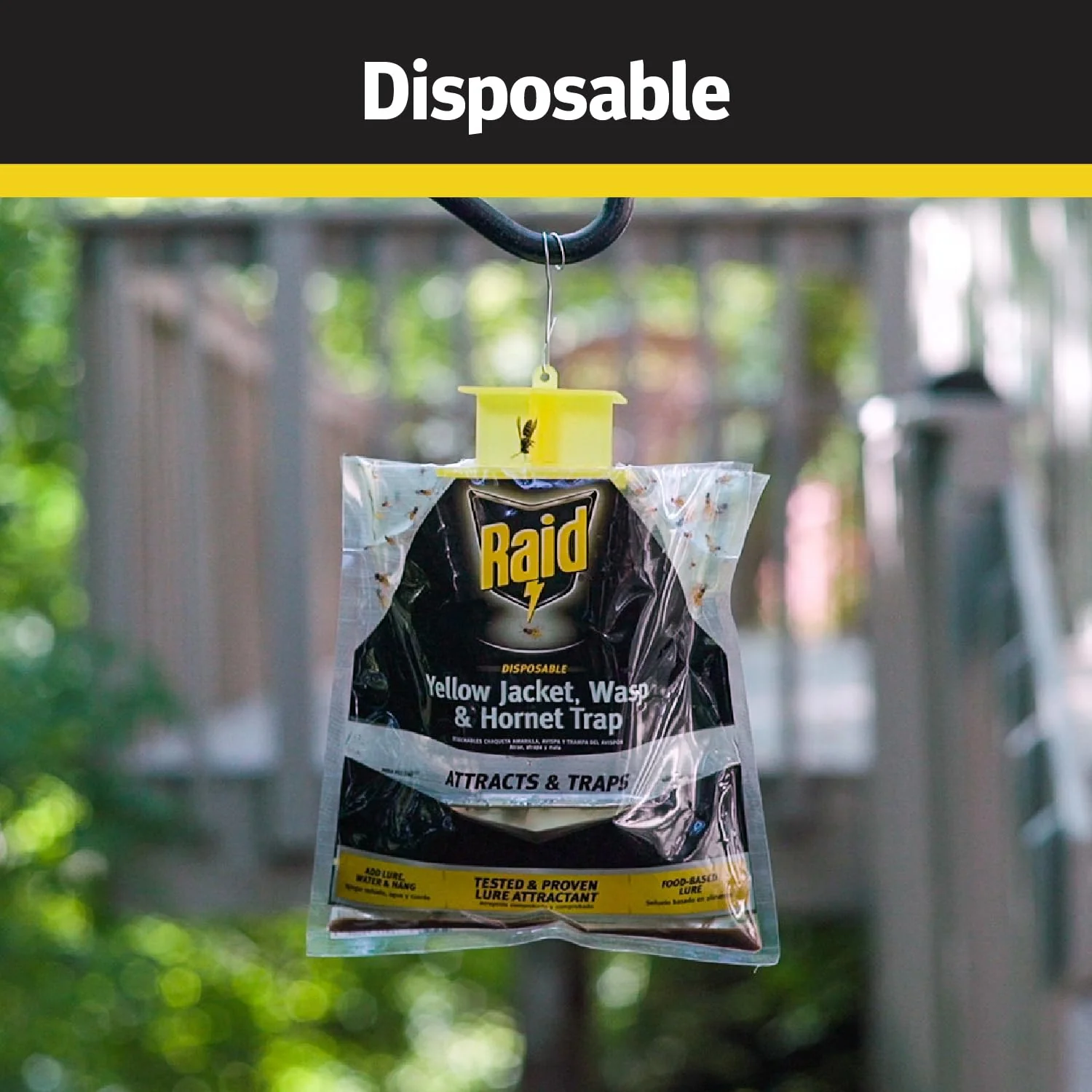 Raid Yellow Jacket, Wasp & Hornet Trap, 6 Pack, Disposable, Convenient, Hanging Fly Trap Bags with Food-Based Lure, No-Spray Outdoor Fly Traps Suitable Defense for Yards, Patios & Campsites