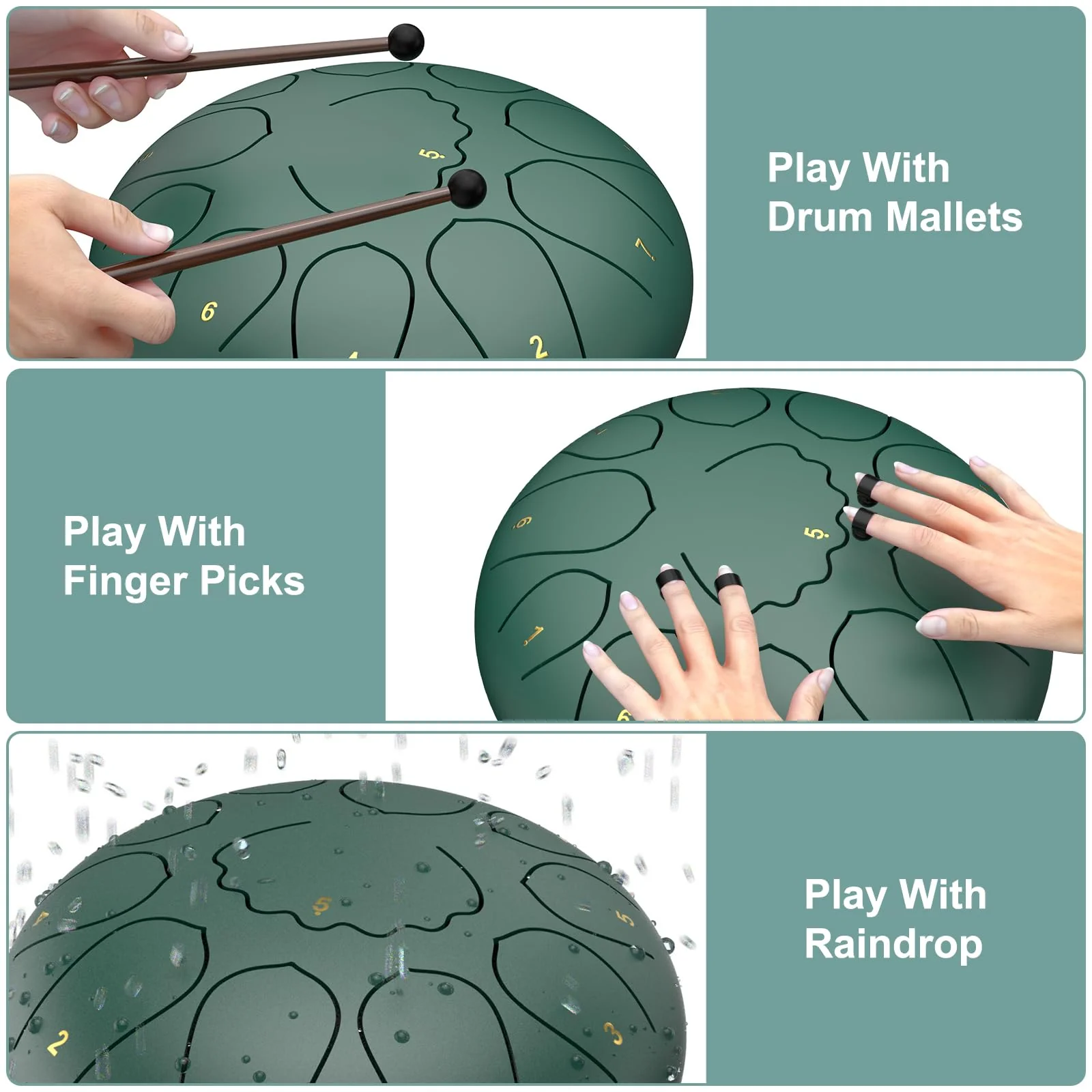 Rain Drum for Outside Garden, 8 Inches 11 Notes Steel Tongue Drum, Waterproof Meditation Rain Chime, Musical Instruments for Adult Gift with Bag, Music Book, Mallets (Green) - Image 4