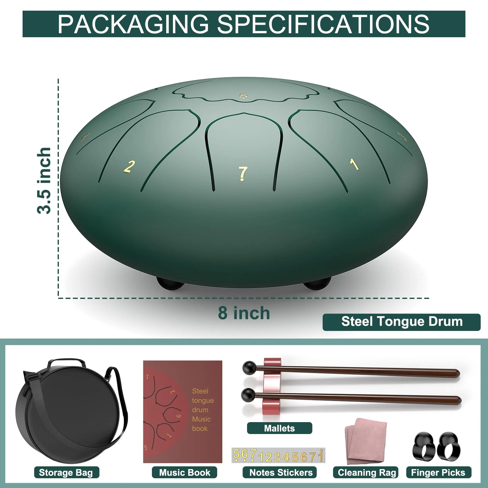 Rain Drum for Outside Garden, 8 Inches 11 Notes Steel Tongue Drum, Waterproof Meditation Rain Chime, Musical Instruments for Adult Gift with Bag, Music Book, Mallets (Green) - Image 6