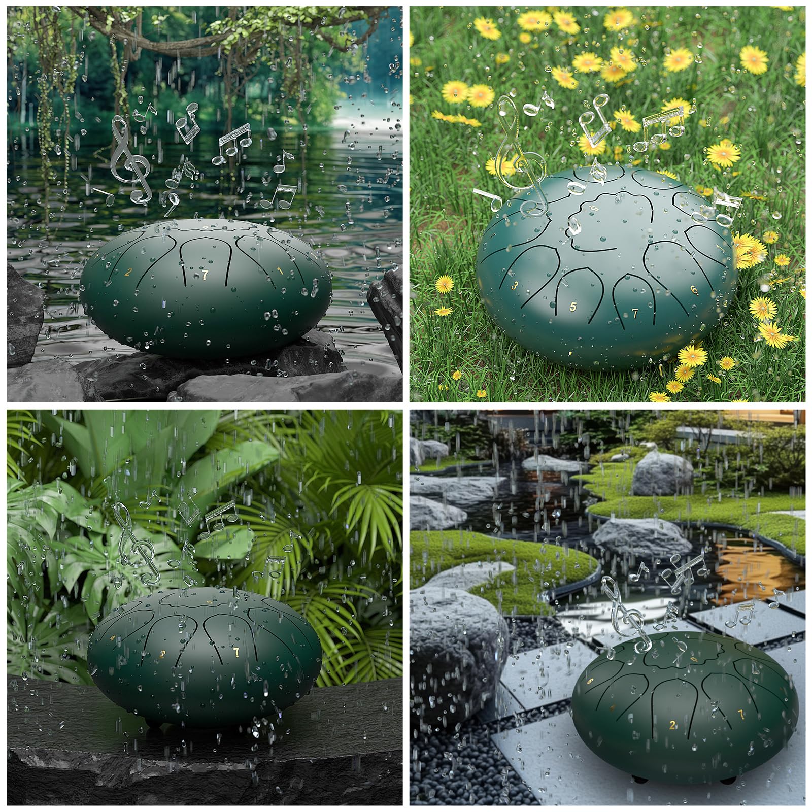 Rain Drum for Outside Garden, 8 Inches 11 Notes Steel Tongue Drum, Waterproof Meditation Rain Chime, Musical Instruments for Adult Gift with Bag, Music Book, Mallets (Green) - Image 7