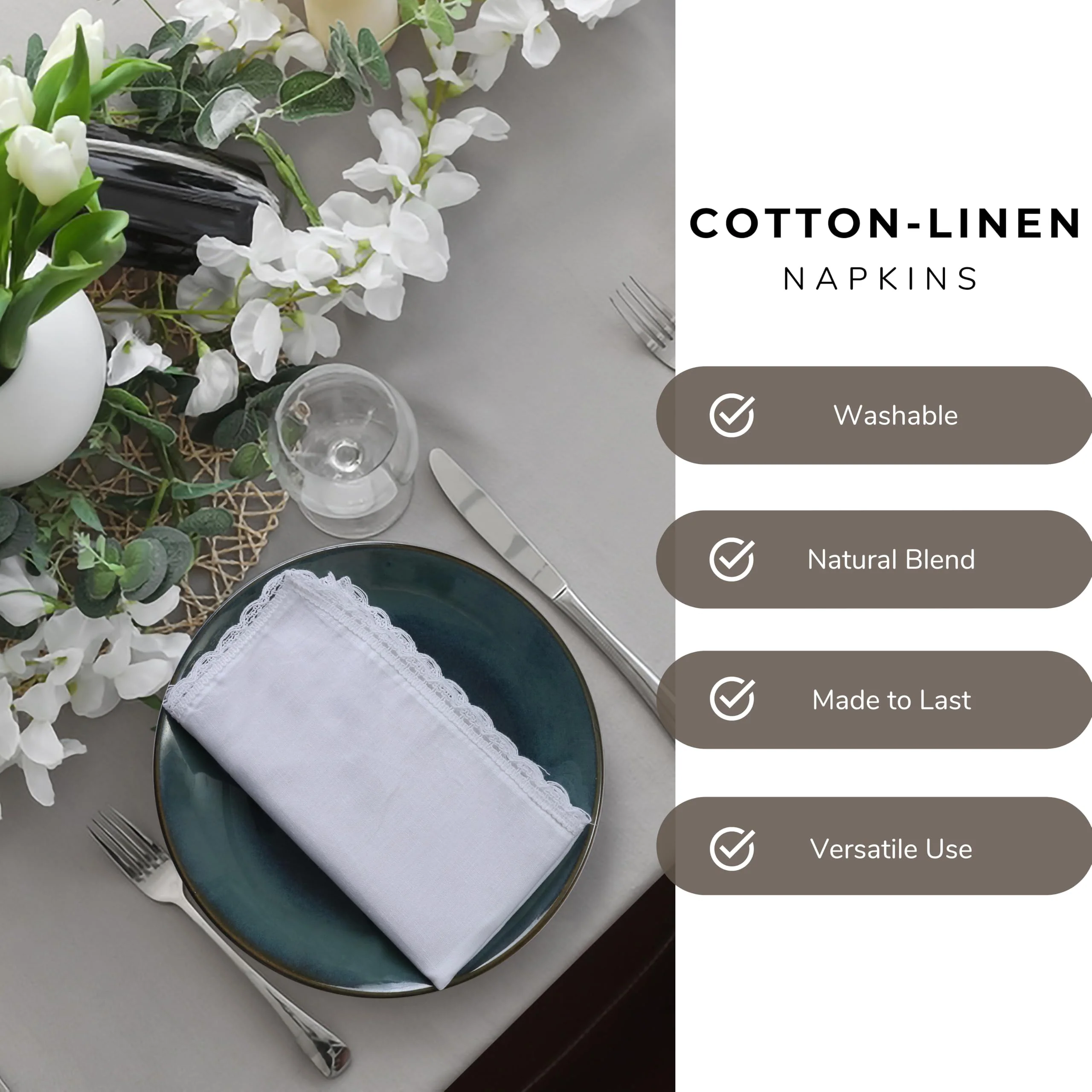 Ramanta Home White Coth Dinner Napkin Set of 12 Premium Cotton 20X20 Inch Oversized Linen Flax Lace Soft & Durable Washable Ideal for Everyday Use Parties Thanksgiving Christmas Halloween - Image 4
