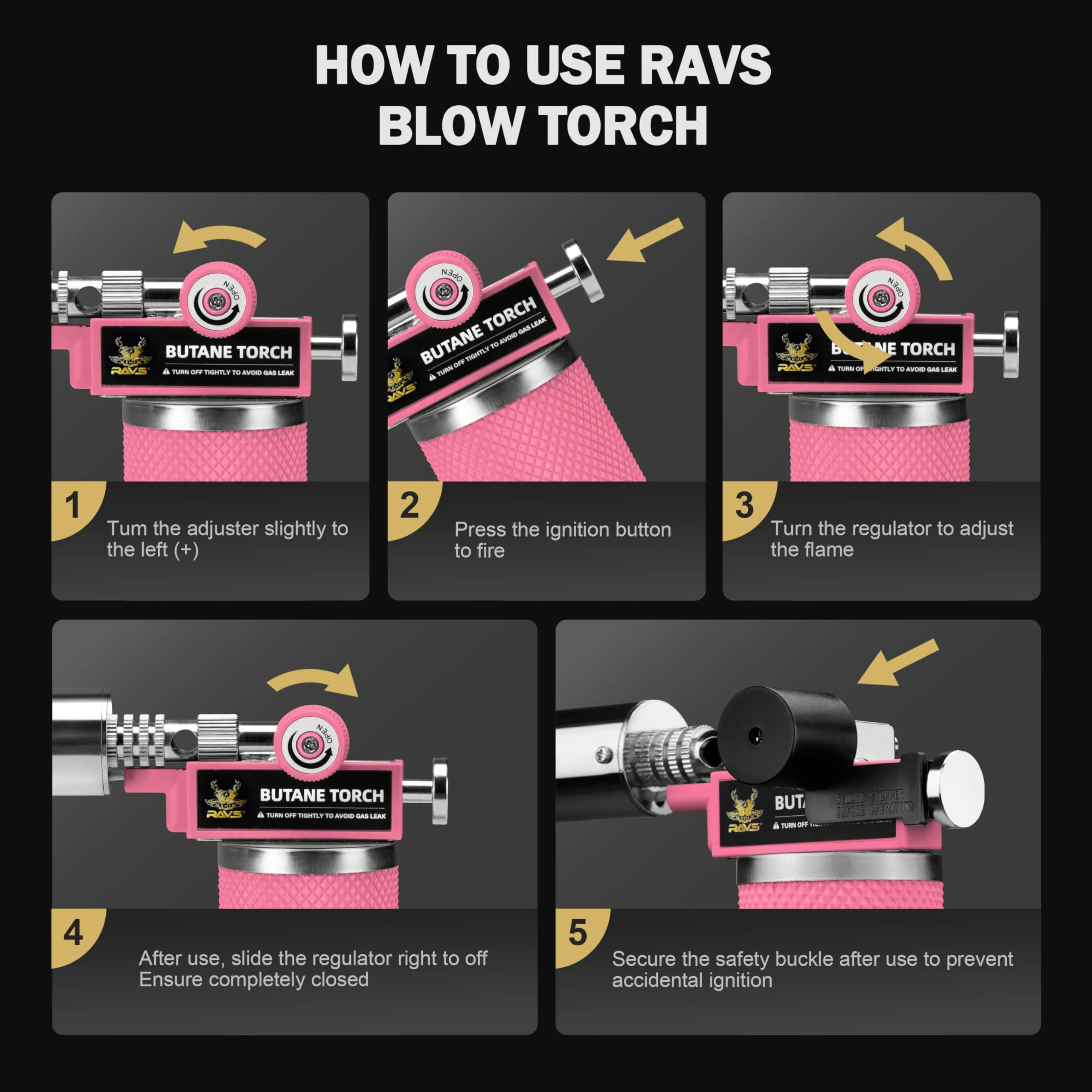 RAVS Butane Torch, Kitchen Torch Lighter for Creme Brulee with Adjustable Flame, Cooking Torch for Baking, BBQ, Desserts, Metal Mini Torch with Safety Buckle, Pink (Butane Not Included) - Image 2